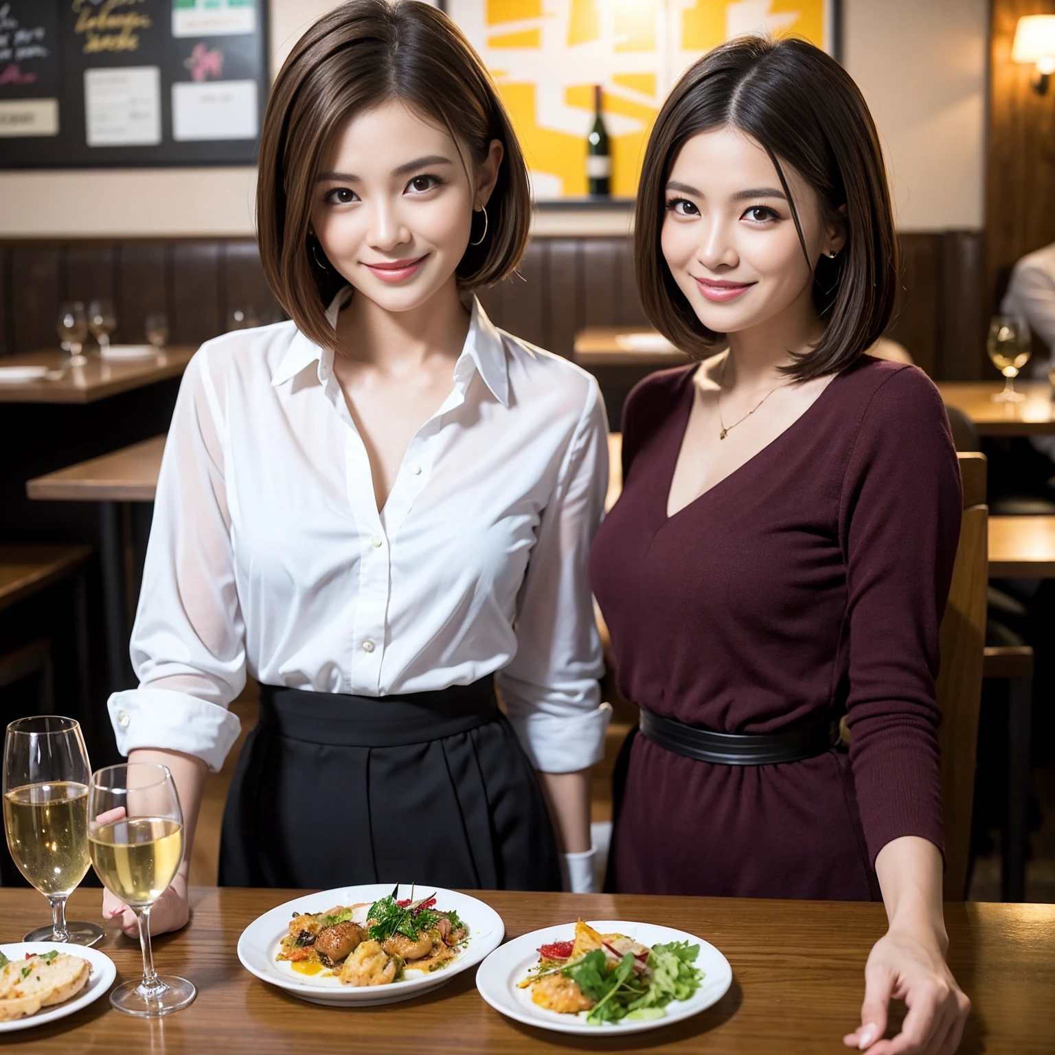 ((Highest quality、8K、masterpiece:1.3))、cute、slimカップル、modelカップル、actress男優、(Realistic, Intricate details:1.2), full-course dinner、Wine Party、Amazing view of the sunset sky and clouds、A bright smile、short hair,Bright Face、 (Age 37), age 34, red wine 、Appetizers、Italian food、Wine bottle、Champagne、sparkling wine、Two beauties、Brown Hair、Shortcuts、Long sleeve shirt、dress、Beautiful woman 1, (slimな顔), (The body is slim), (Brown Hair), (Shortcuts), cheeks turn a little red,Attractive beauty、restaurant, In a prominent place (From the waist up) Nova Frog Style, actress, model, Upper Body, White wine, slim, wine glass, 中央に置かれたwine glass, smile, (smile: 1.15), Beautiful fine grain, Depth f/2,saturation, High Contrast, Strong light and shadow,Moist Body:1.5、3D texture、Delicate eyes、Brown Hair、The hair is very shiny、