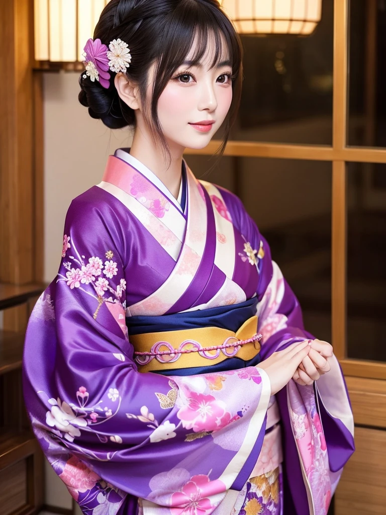 A gorgeously decorated maiko,She is a very elegant and beautiful 25-year-old woman..,Her Japanese hairstyle is lavishly decorated,Pink and purple traditional kimono