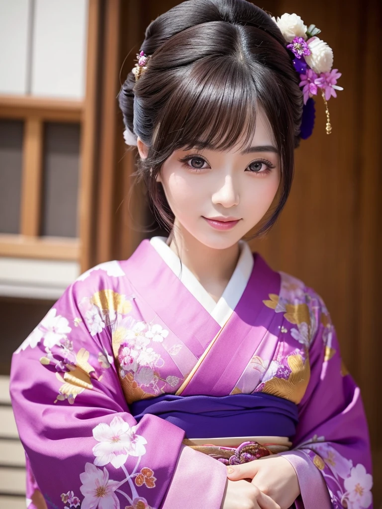 A gorgeously decorated maiko,She is a very elegant and beautiful 25-year-old woman..,Her Japanese hairstyle is lavishly decorated,Pink and purple traditional kimono