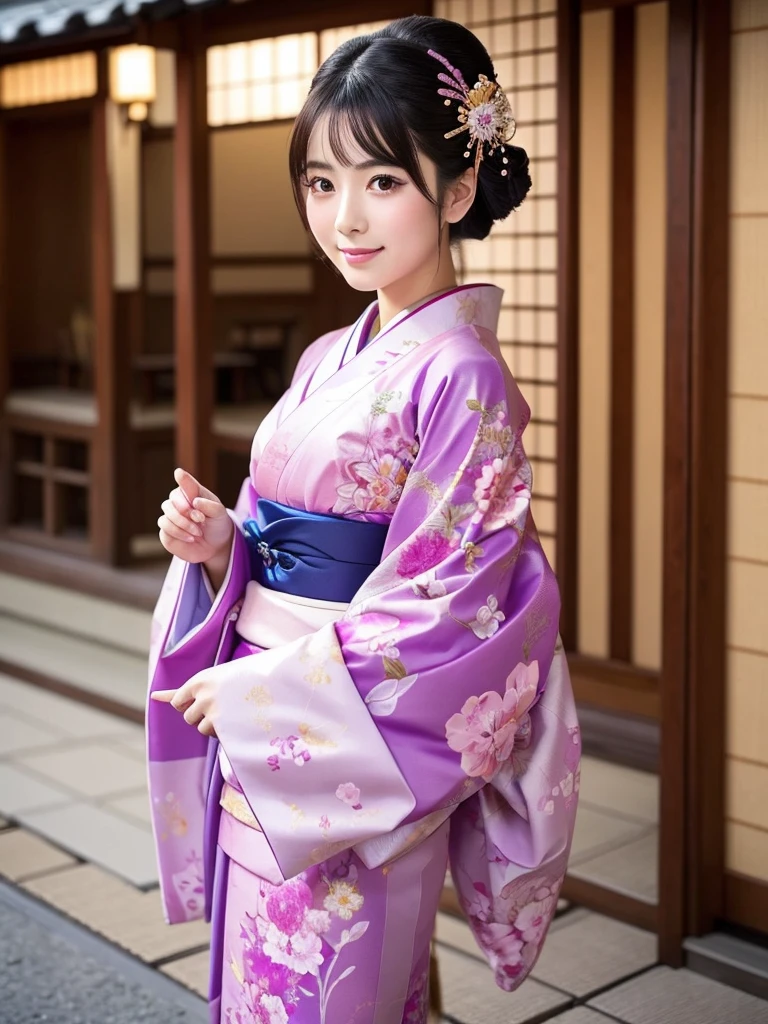 A gorgeously decorated maiko,She is a very elegant and beautiful 25-year-old woman..,Her Japanese hairstyle is lavishly decorated,Pink and purple traditional kimono