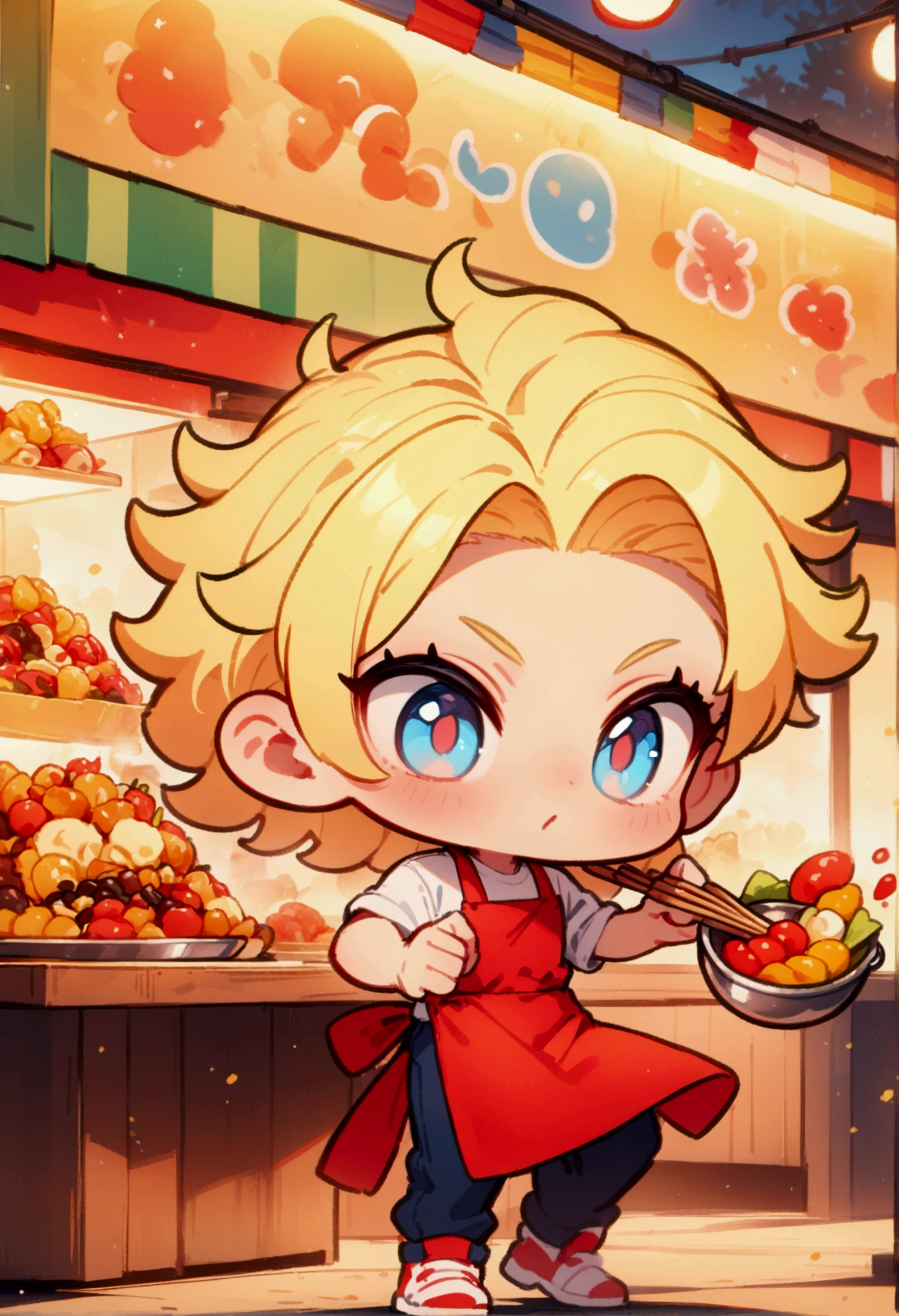 chibi style, best quality, masterpiece, 8K, HD, young man with blond hair, blue eyes, wearing white shirt and red apron, having fun while cooking delicious colorful food, at a roadside stall, front view, full body, vibrant colors, highly detailed