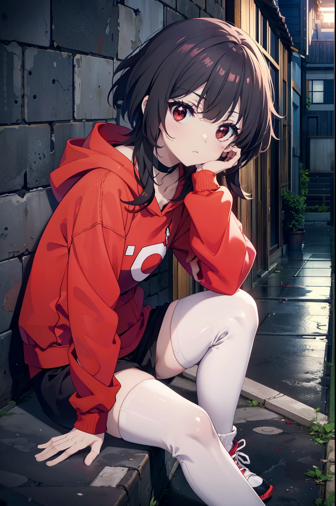 konosubaMegumin, Megumin, short hair, Black Hair, (Red eyes:1.3), short hair with long locks,Oversized red hoodie,Baseball hats,Shorts,White pantyhose,High-top sneakers,night,rain,cloudy,Hiding in a roofed building,Sitting on the stairs,whole bodyがイラストに入るように,
break indoors ,Alley,
break looking at viewer, whole body,
break (masterpiece:1.2), Highest quality, High resolution, unity 8k wallpaper, (figure:0.8), (Beautiful attention to detail:1.6), Highly detailed face, Perfect lighting, Highly detailed CG, (Perfect hands, Perfect Anatomy),