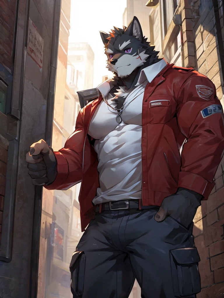 embedding:black wolf, male,purple eyes,Scar on the face, scar on the body,Single person,deliveryman,Standing outside the door,In the corridors of modern buildings,Robust,Contempt,With the express box in his hand,The highest quality of scene detail,adult,Tall and powerful,muscle,Best quality hands, best quality eye,detailed fur,Delicate eyes.Extreme picture quality,by sollyz,by zixiong,by milkytiger1145