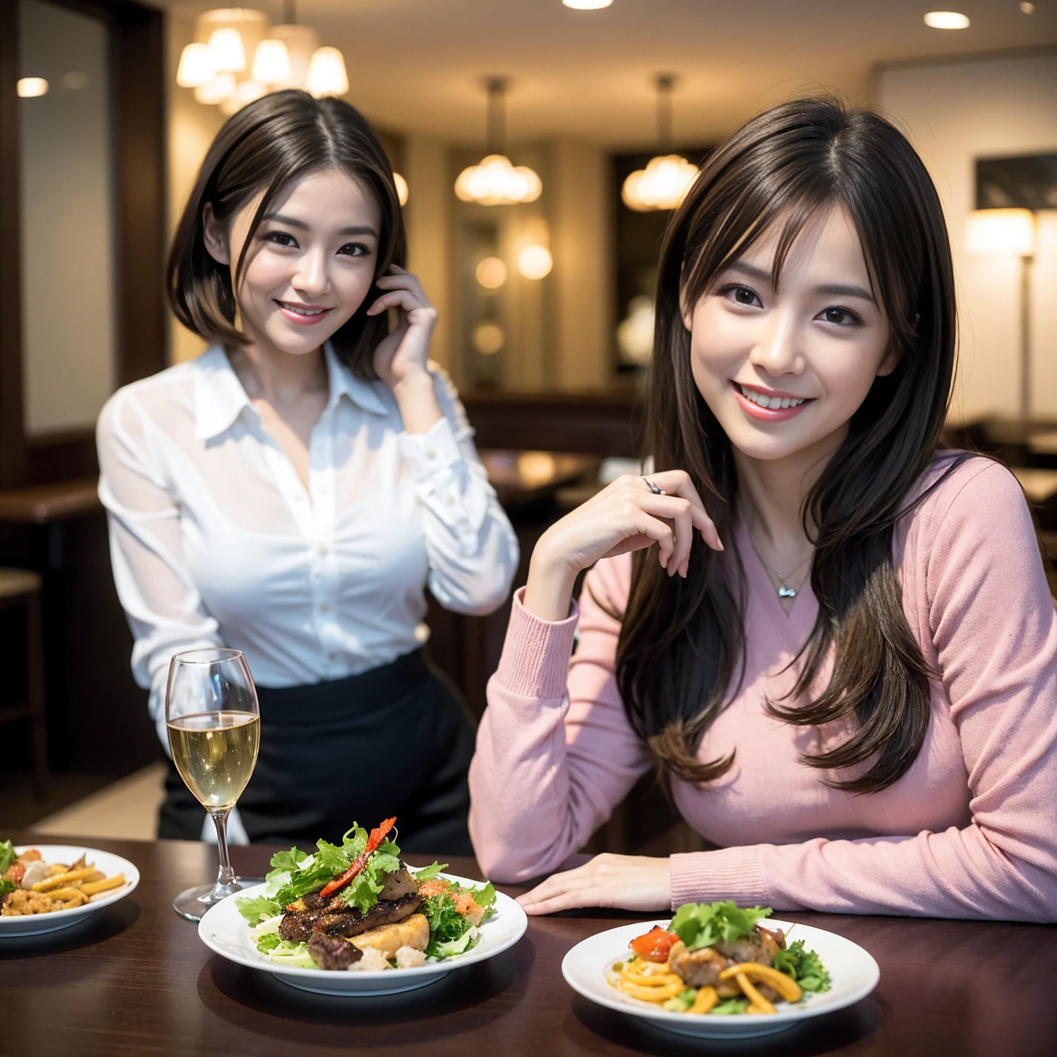 ((Highest quality、8K、masterpiece:1.3))、cute、slimカップル、modelカップル、actress男優、(Realistic, Intricate details:1.2), full-course dinner、Wine Party、Amazing view of the sunset sky and clouds、A bright smile、short hair,Bright Face、 (Age 37), age 34, red wine 、Appetizers、Italian food、Wine bottle、Champagne、sparkling wine、Two beauties、Brown Hair、Shortcuts、Long sleeve shirt、dress、Beautiful woman 1, (slimな顔), (The body is slim), (Brown Hair), (Shortcuts), cheeks turn a little red,Attractive beauty、restaurant, In a prominent place (From the waist up) Nova Frog Style, actress, model, Upper Body, White wine, slim, wine glass, 中央に置かれたwine glass, smile, (smile: 1.15), Beautiful fine grain, Depth f/2,saturation, High Contrast, Strong light and shadow,Moist Body:1.5、3D texture、Delicate eyes、Brown Hair、The hair is very shiny、