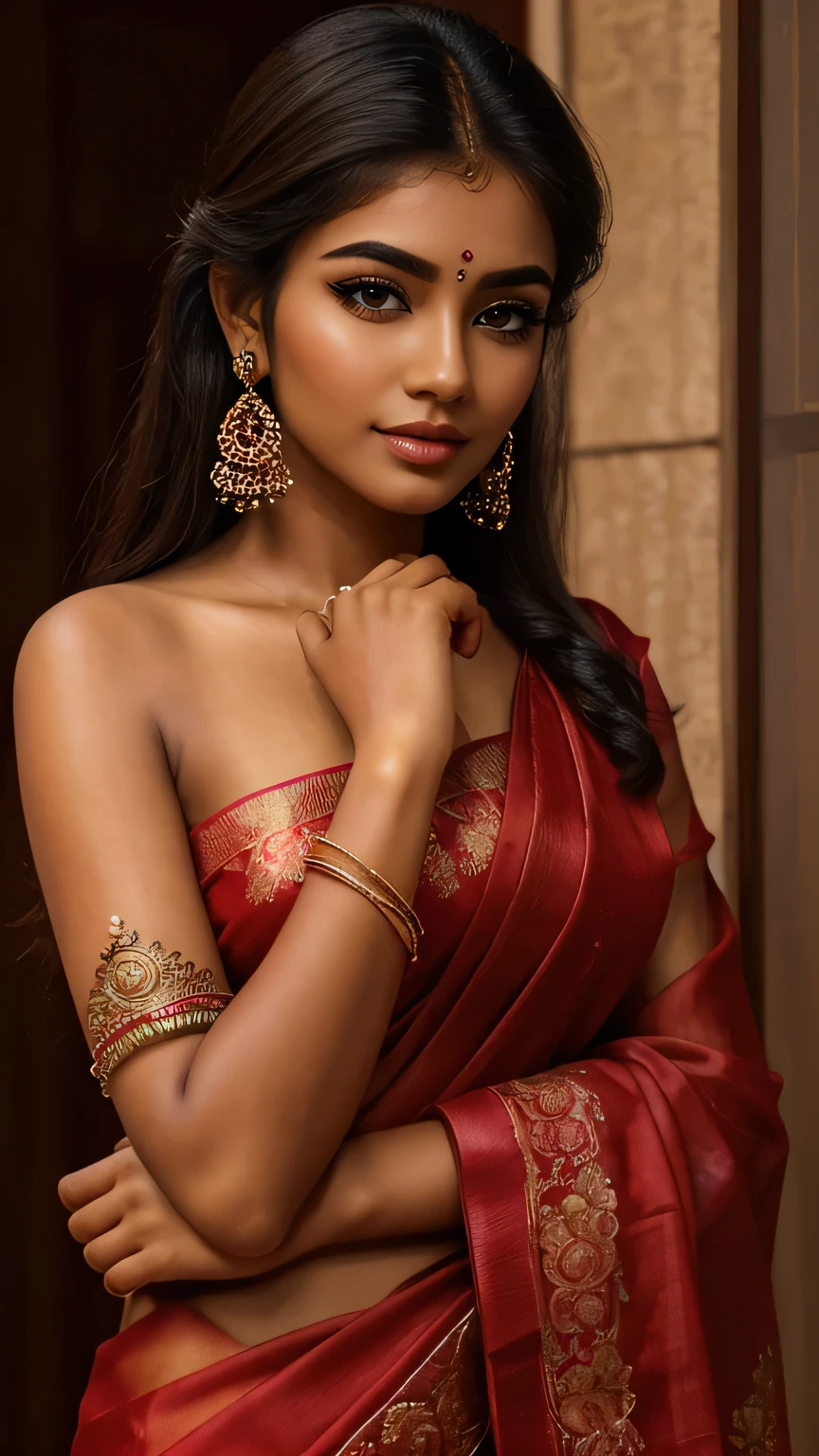 (high quality, masterpiece, HDR, 256K), (hyper-realistic, photorealism) 20 year old extremely beautiful Tamil girl, (intricate detailed extremely beautiful face, eyes, ears, nose, lips, textured skin), eyes symmetry, (lips closed tightly). Sitting on the ground with her legs crossed and her hand on her knees. Red Silk Saree and red blouse. Straight View.