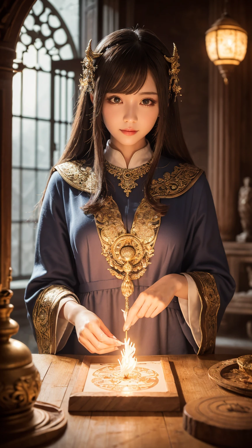 ((masterpiece)), ((best quality)), (ultra-detailed), ((kawaii)), cute, (lovely), ((extremely detailed)), 4K, (8K), best quality, (beautiful), illustration, noble, a cute girl, solo, sorceress, majestic, robes, mystical, aura, magical staff, intricate, carvings, ethereal, light, sacred, environment, power, wisdom, ancient temple,