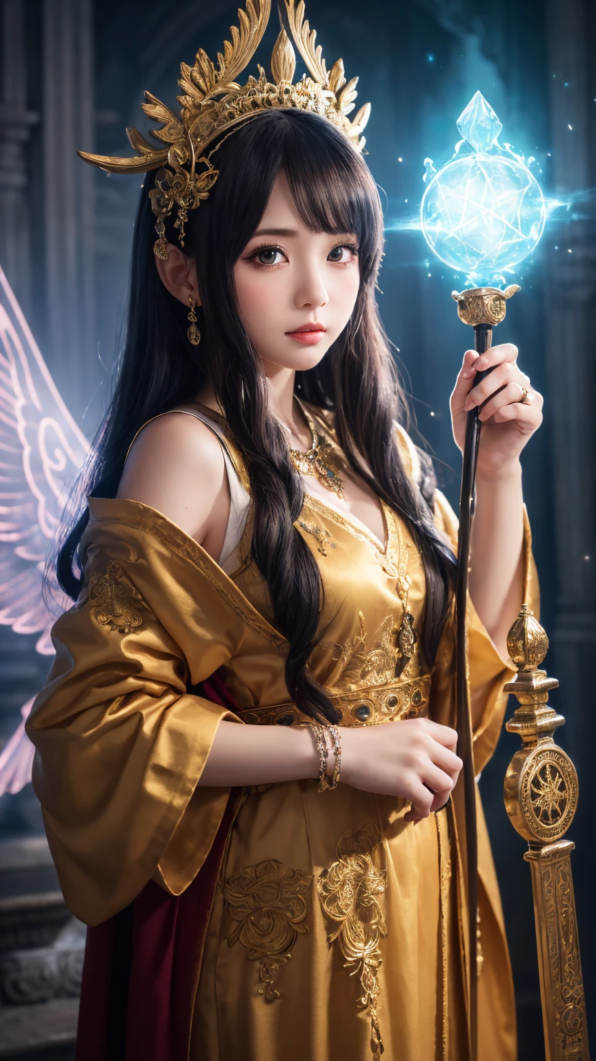 ((masterpiece)), ((best quality)), (ultra-detailed), ((kawaii)), cute, (lovely), ((extremely detailed)), 4K, (8K), best quality, (beautiful), illustration, noble, a cute girl, solo, sorceress, majestic, robes, mystical, aura, magical staff, intricate, carvings, ethereal, light, sacred, environment, power, wisdom, ancient temple,