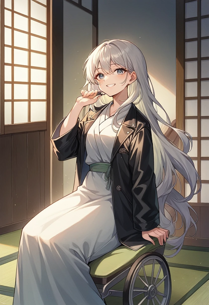 "A realistic portrait of a beautiful Japanese woman with kind, wise eyes, wearing a leather jacket like a rock singer. Her silvery hair is neatly tied back, and she sits in a wheelchair with a kind, warm smile. She is seated in a beautifully decorated traditional Japanese room with tatami mats and shoji screens, lit by soft natural light.
