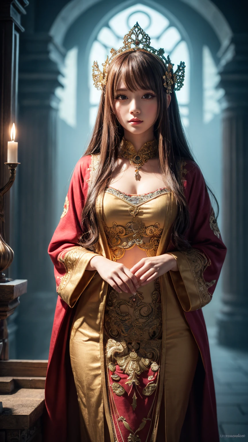 ((masterpiece)), ((best quality)), (ultra-detailed), ((kawaii)), cute, (lovely), ((extremely detailed)), 4K, (8K), best quality, (beautiful), illustration, noble, a cute girl, solo, sorceress, majestic, robes, mystical, aura, magical staff, intricate, carvings, ethereal, light, sacred, environment, power, wisdom, ancient temple,