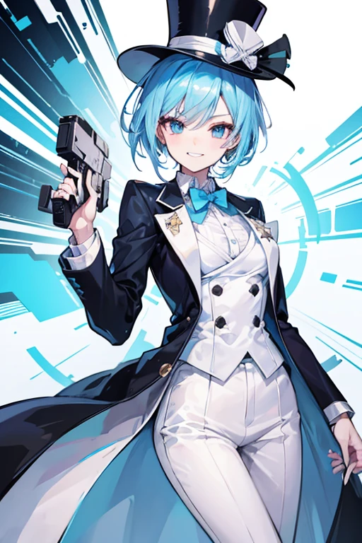 Crossdresser Light blue hair Holding a gun in each hand Grin White Top Hat Black suit short hair