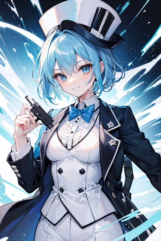 Crossdresser　Light blue hair　Holding a gun in each hand　Grin　White Top Hat　Black suit　short hair