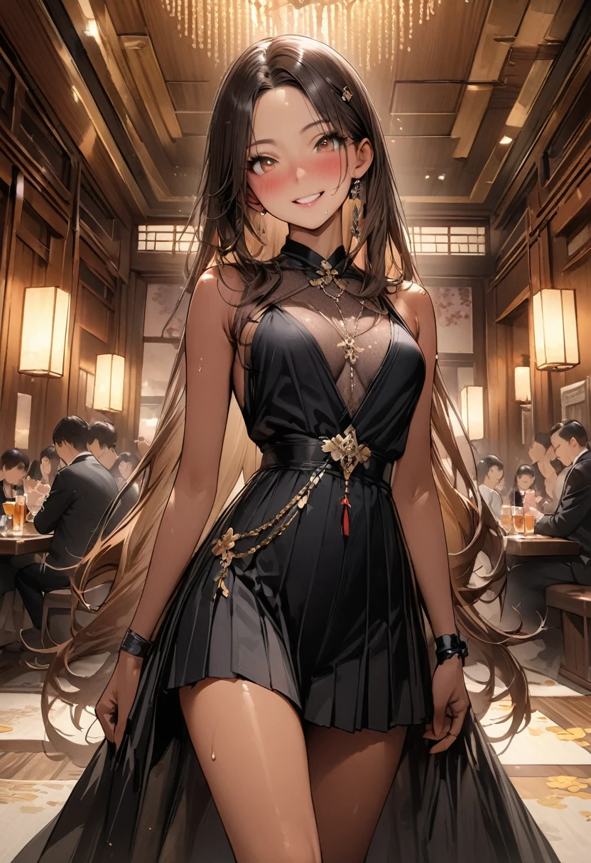 ((masterpiece,Highest quality:1.3,best quality illustration,realistic:1.3)),cowboy shot,独奏,1woman,(20-year-old、Japanese Beauty)、brown hair,long hair,center parted bangs,brown eyes,gorgeous eyes,((very small head:1.3)),blush,smile,((very long body:1.2,skinny)),medium breasts,(tan skin:1.5), (gleaming skin,toned body,slender body),sweat,(Black sleeveless dress、Black pleated mini skirt)、Luxurious party venue、