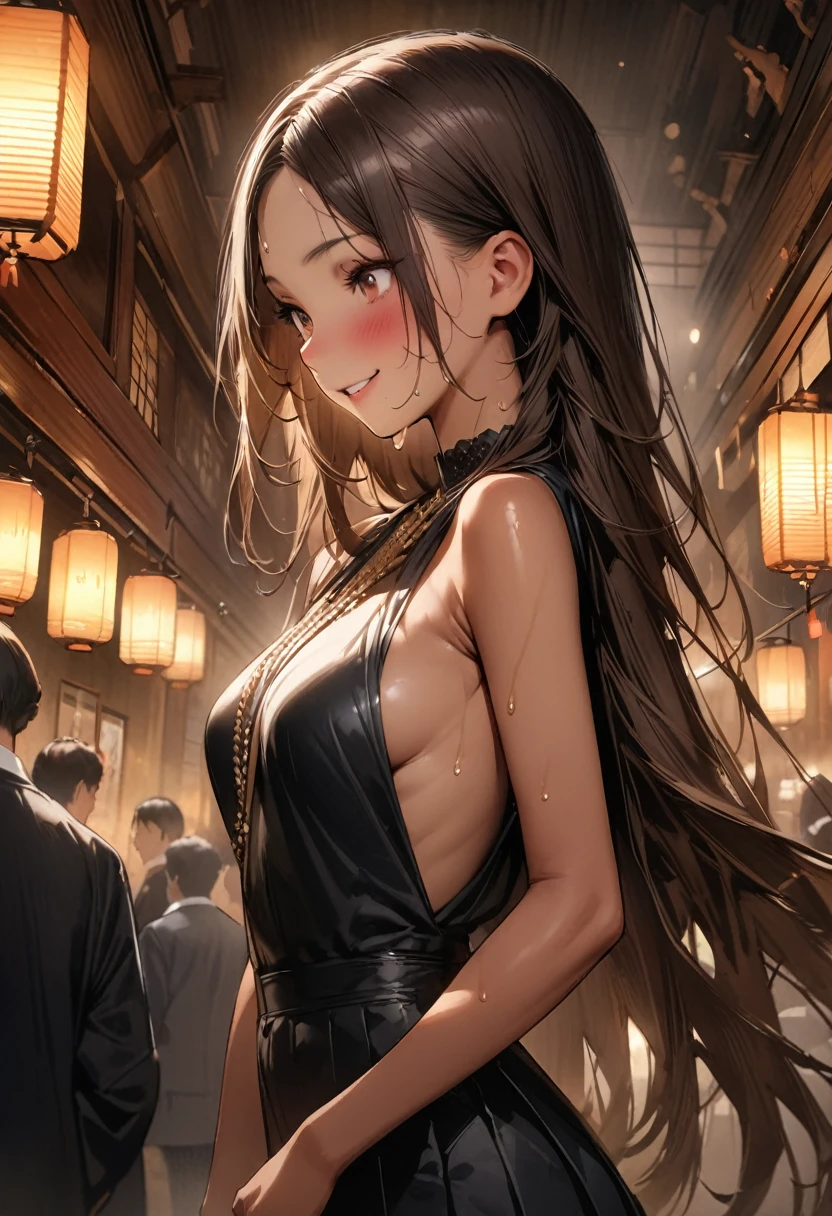 ((masterpiece,Highest quality:1.3,best quality illustration,realistic:1.3)),cowboy shot,独奏,1woman,(20-year-old、Japanese Beauty)、brown hair,long hair,center parted bangs,brown eyes,gorgeous eyes,((very small head:1.3)),blush,smile,((very long body:1.2,skinny)),medium breasts,(tan skin:1.5), (gleaming skin,toned body,slender body),sweat,(Black sleeveless dress、Black pleated mini skirt)、Luxurious party venue、