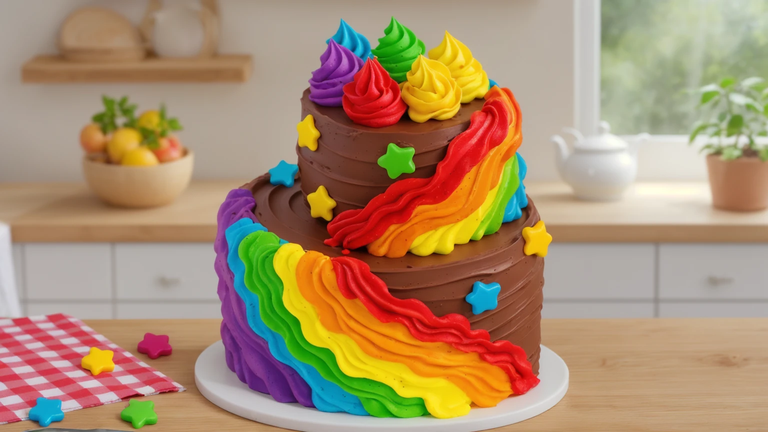 on a wooden table. there is a white plate. double tier chocolate cake ((chocolate cream texture, strokes of a pastry spatula)), rainbow cream in stitches, decorated with rainbow stars made of polymer clay, multi-colored cream on top ((cream highlights)), on the table there is a checkered tablecloth and star cornets made of polymer clay. against the background of the kitchen, vase with plant, Fruit basket, kettle, shelf with kitchen utensils. Beautiful light from the window, contour light, Multiple light sources, beautiful lighting, Bright light source, bright lighting, beautiful light sources, Multiple light sources, Realistic style , realistic texture, detailed texture, A high resolution, high quality, macro photography 