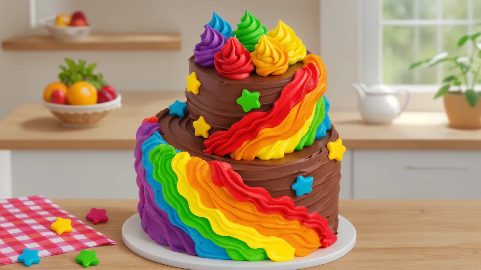 on a wooden table. there is a white plate. double tier chocolate cake ((chocolate cream texture, strokes of a pastry spatula)), rainbow cream in stitches, decorated with rainbow stars made of polymer clay, multi-colored cream on top ((cream highlights)), on the table there is a checkered tablecloth and star cornets made of polymer clay. against the background of the kitchen, vase with plant, Fruit basket, kettle, shelf with kitchen utensils. Beautiful light from the window, contour light, Multiple light sources, beautiful lighting, Bright light source, bright lighting, beautiful light sources, Multiple light sources, Realistic style , realistic texture, detailed texture, A high resolution, high quality, macro photography