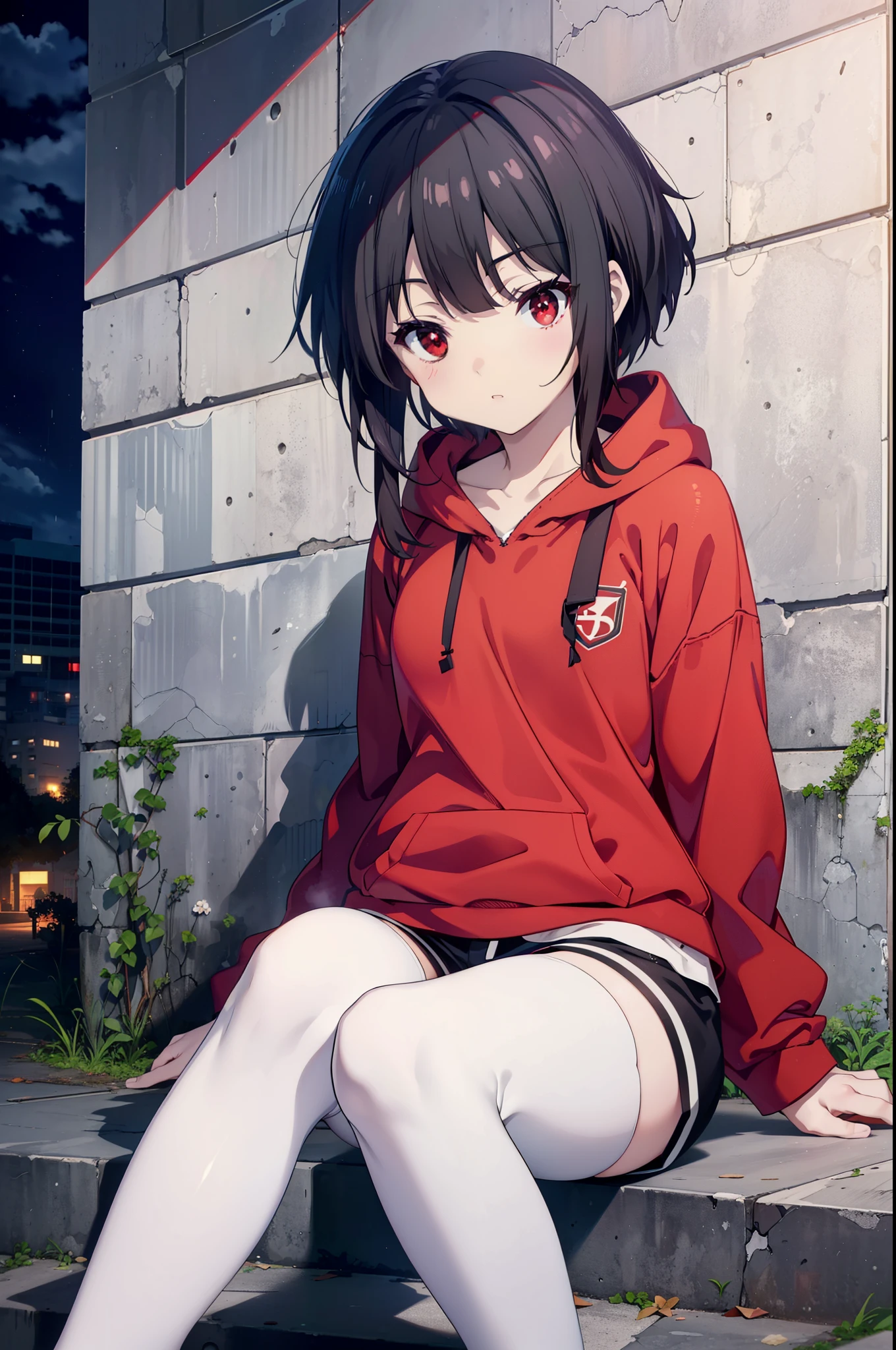 konosubaMegumin, Megumin, short hair, Black Hair, (Red eyes:1.3), short hair with long locks,Oversized red hoodie,Baseball hats,Shorts,White pantyhose,High-top sneakers,night,rain,cloudy,Hiding in a roofed building,Sitting on the stairs,whole bodyがイラストに入るように,
break indoors ,Alley,
break looking at viewer, whole body,
break (masterpiece:1.2), Highest quality, High resolution, unity 8k wallpaper, (figure:0.8), (Beautiful attention to detail:1.6), Highly detailed face, Perfect lighting, Highly detailed CG, (Perfect hands, Perfect Anatomy),