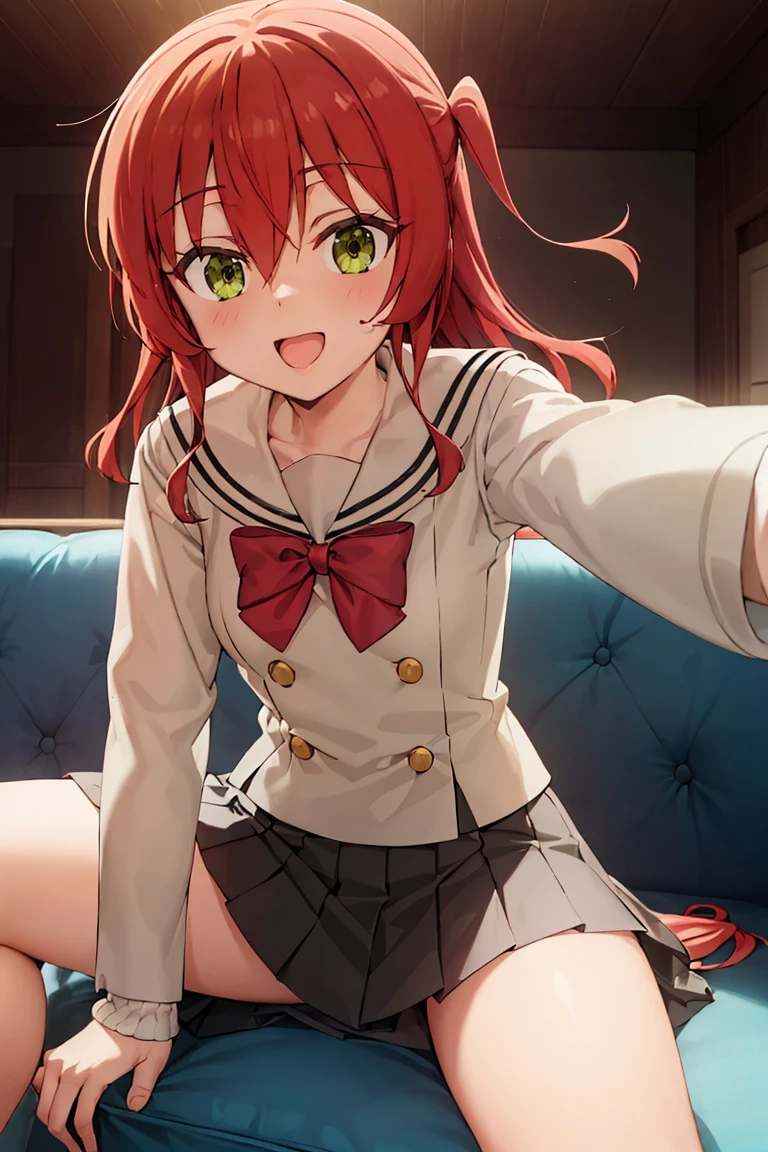 room, 1 Girl, Highest quality, Ultra-high resolution, Long Hair, Redhead, Green Eyes,Sailor suit、mini skirt, Looking at the audience, Small breasts,Thighs、 Sitting on the sofa, , smile, Open your mouth,(((Spread your legs wide)))