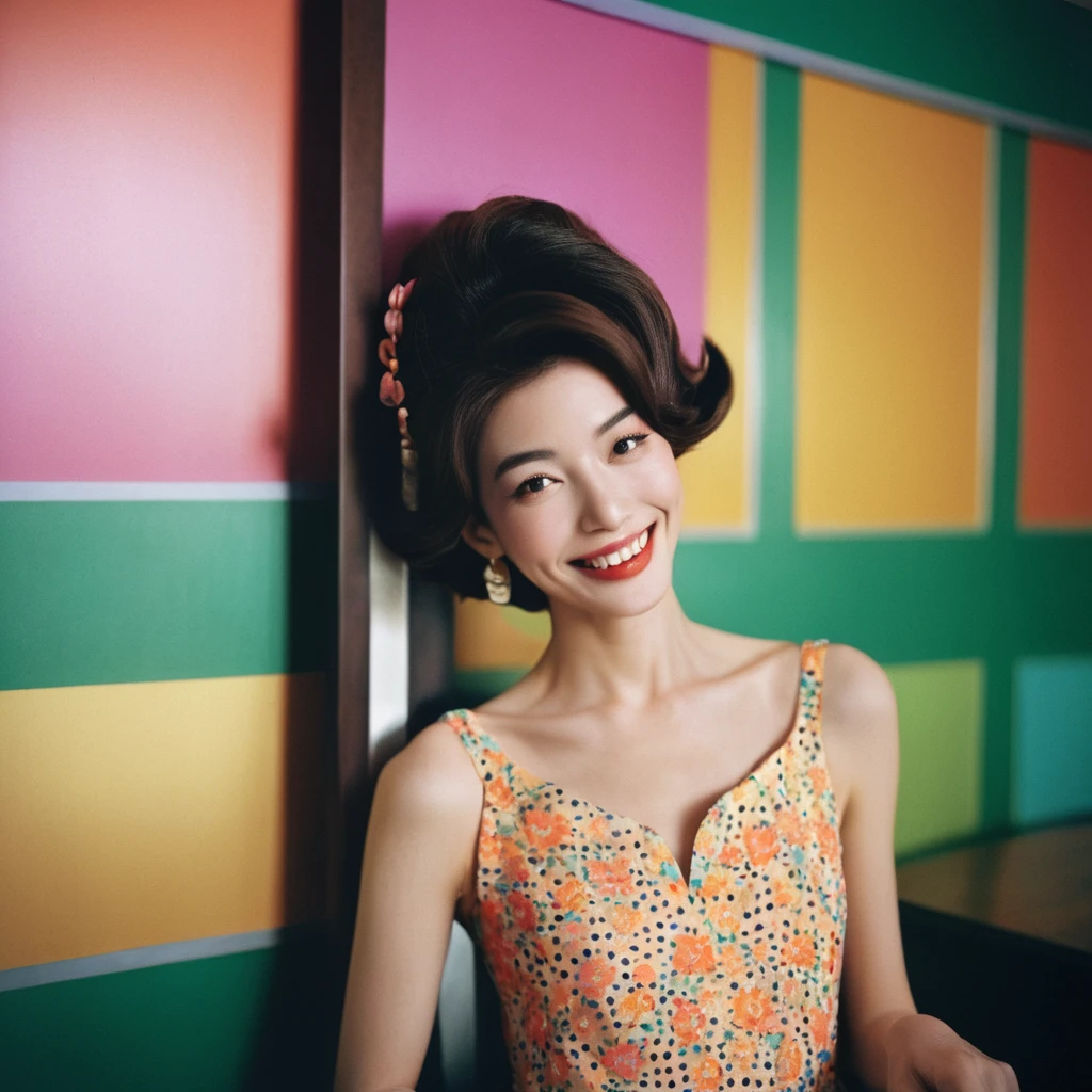 portrait of a retro giggling 60s beautiful face Korean girls on ‘volcano’ still from the film, ((solo)), (Anne Hathaway look alike face: 0.9), with sixties high hairstyle drinking a cosmopolitan, polkadot dress, in a sixties colorful bar, sixties wallpaper, giggling, vivid colors, Leica SL3, Summicron-SL 75 f/2 ASPH, kodak gold 200 film, bare shoulder, dynamic action pose,