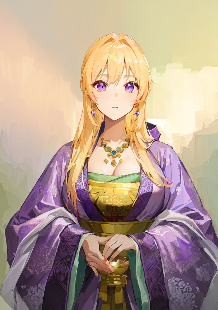 Wearing a purple robe、Cartoon image of a woman holding a bowl, ((Beautiful fantasy queen)), Produced in collaboration with Anime Painter Studio, Anime Goddess, Portrait of the Knights of the Zodiac, (Wearing noble robes)), Anime style like fate/overnight, Beautiful fantasy queen, In the anime painter studio，Three Kingdoms，Three Kingdoms志，Chinese style，antiquity，Hanfu，，巨big乳房，Good shape，Royal sister，Purple Eyes，Celluloid，big，Full figure，Noble