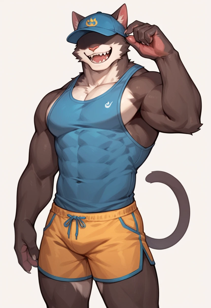 Cat, good looking, male, anthro, shorts, ultradetailed, muscular, solo, bareness, rippling muscles, muscles, simple background, white background, tail, cap, obscured eyes, smile, sleeveless shirt, two-tone fur, sharp teeth,