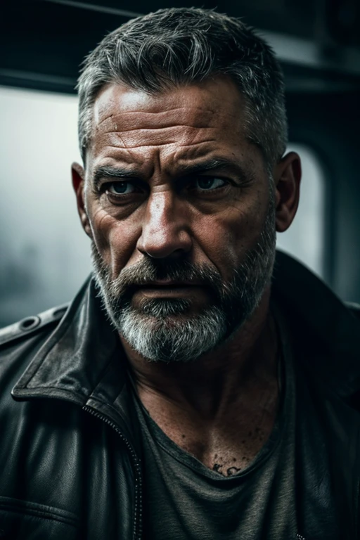 a battle-hardened ex-soldier with grey hair and a beard, rugged, weathered face, battle-scarred, wandering drifter, detailed highly realistic portrait, dramatic lighting, cinematic composition, moody atmosphere, (best quality,4k,8k,highres,masterpiece:1.2),ultra-detailed,(realistic,photorealistic,photo-realistic:1.37),cinematic,dramatic,gritty,moody,dark,brooding,intense,haunting,close protection operative,hard jobs,realistic,photorealistic,highly detailed,cinematic,dramatic,moody,gritty