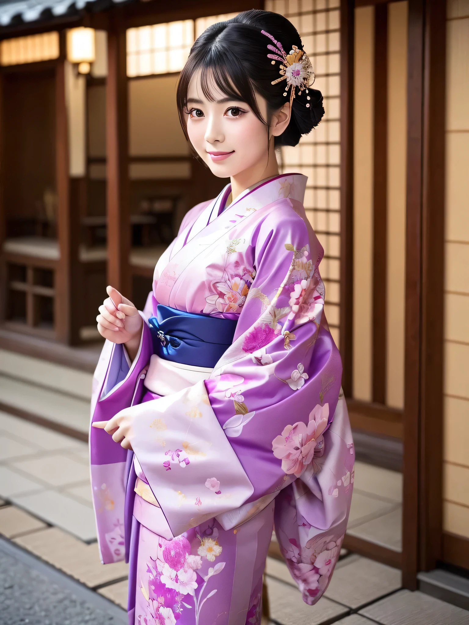 A gorgeously decorated maiko,She is a very elegant and beautiful 25-year-old woman..,Her Japanese hairstyle is lavishly decorated,Pink and purple traditional kimono