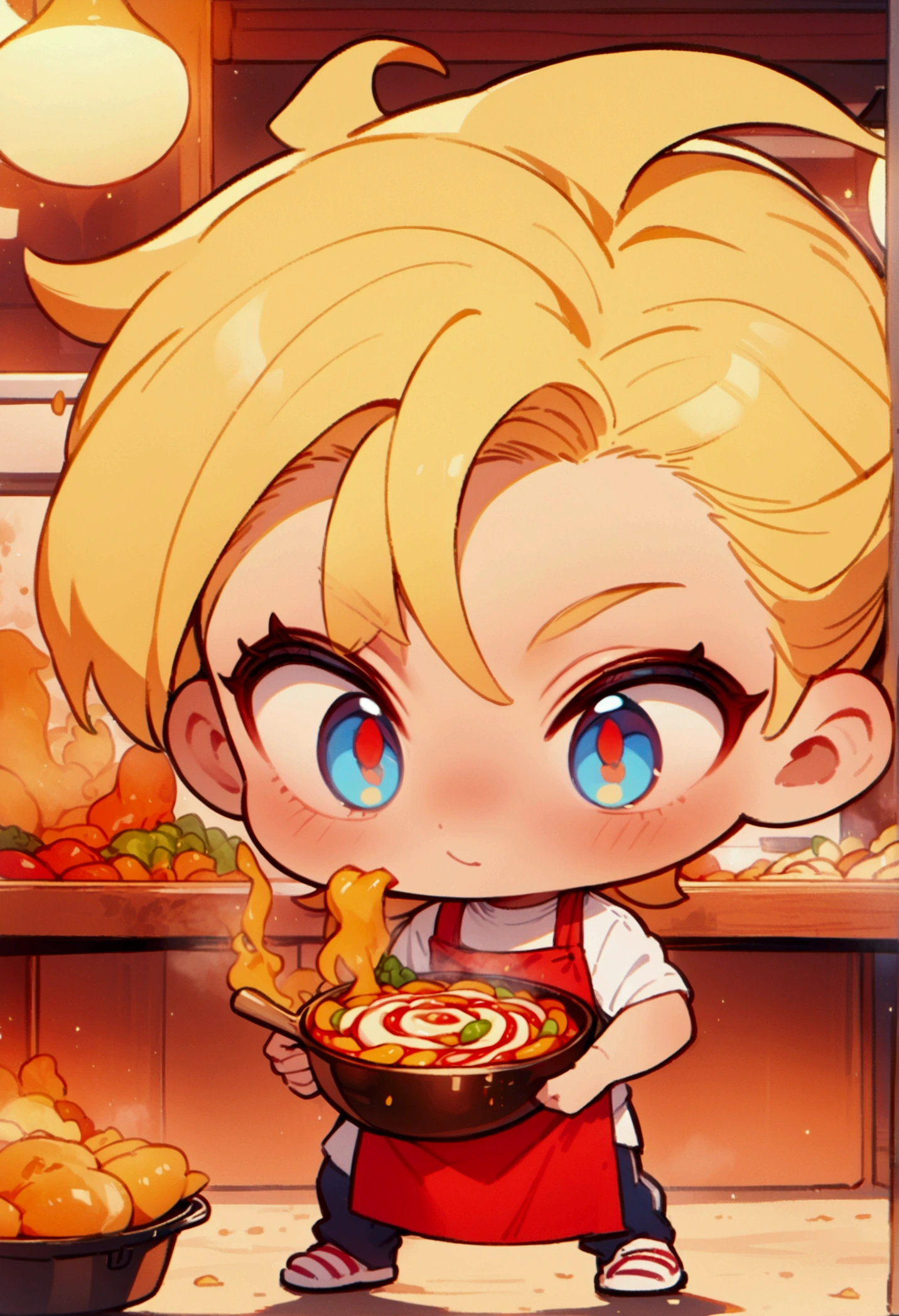 chibi style, best quality, masterpiece, 8K, HD, young man with blond hair, blue eyes, wearing white shirt and red apron, having fun while cooking delicious colorful food, at a roadside stall, front view, full body, zoomed out, vibrant colors, highly detailed