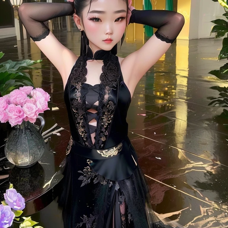 there is a young girl posing in a black dress with a flower in the background, high quality costume, high quality theatre costume, she is wearing a black dress, elegant girl, girl graceful, chinese girl, 🤬 🤮 💕 🎀, beautiful costume, , dressed in black lace, 2 0 2 0 fashion, chinese costume, , tai costume