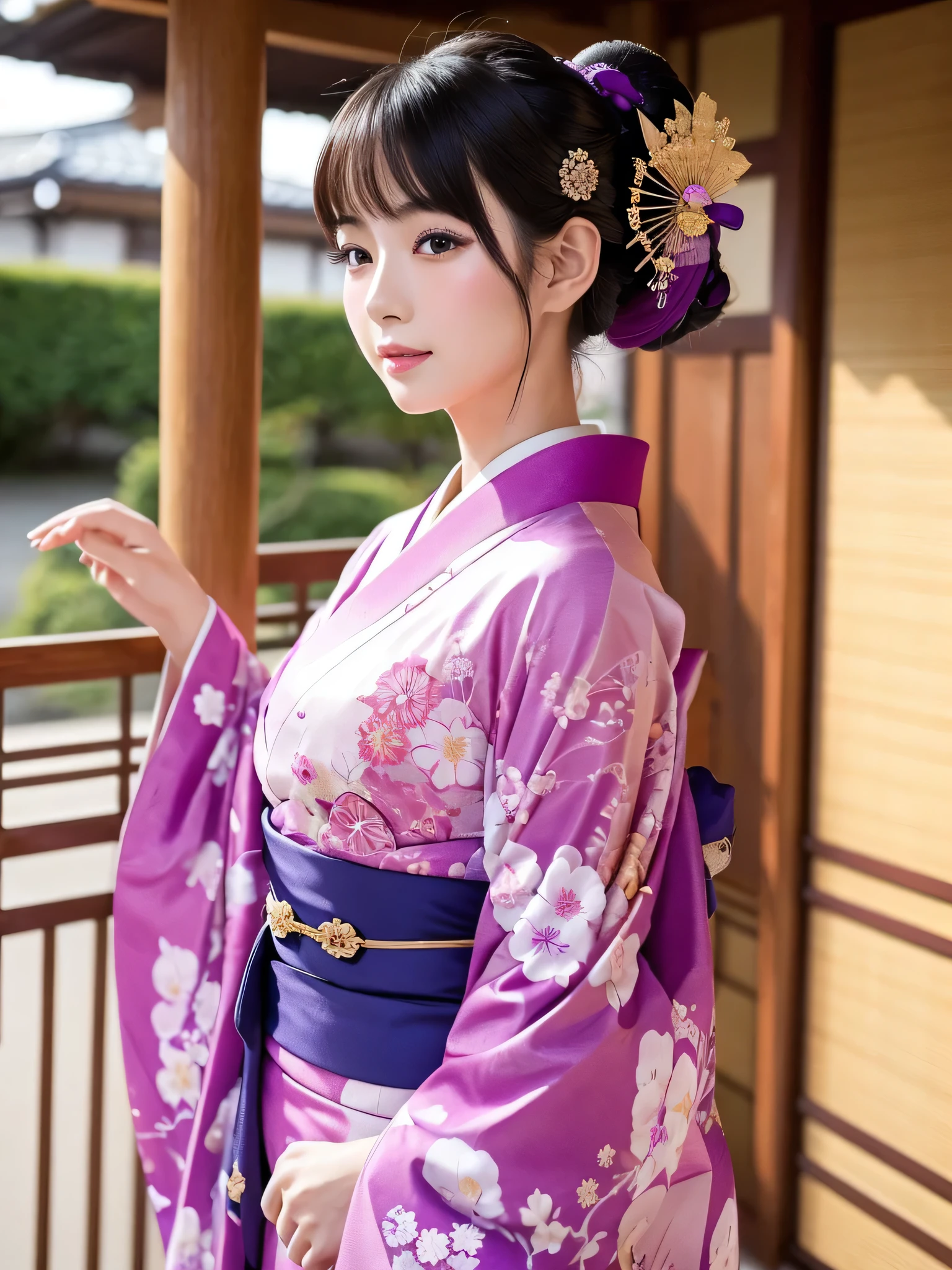 A gorgeously decorated maiko,She is a very elegant and beautiful 25-year-old woman..,Her Japanese hairstyle is lavishly decorated,Pink and purple traditional kimono