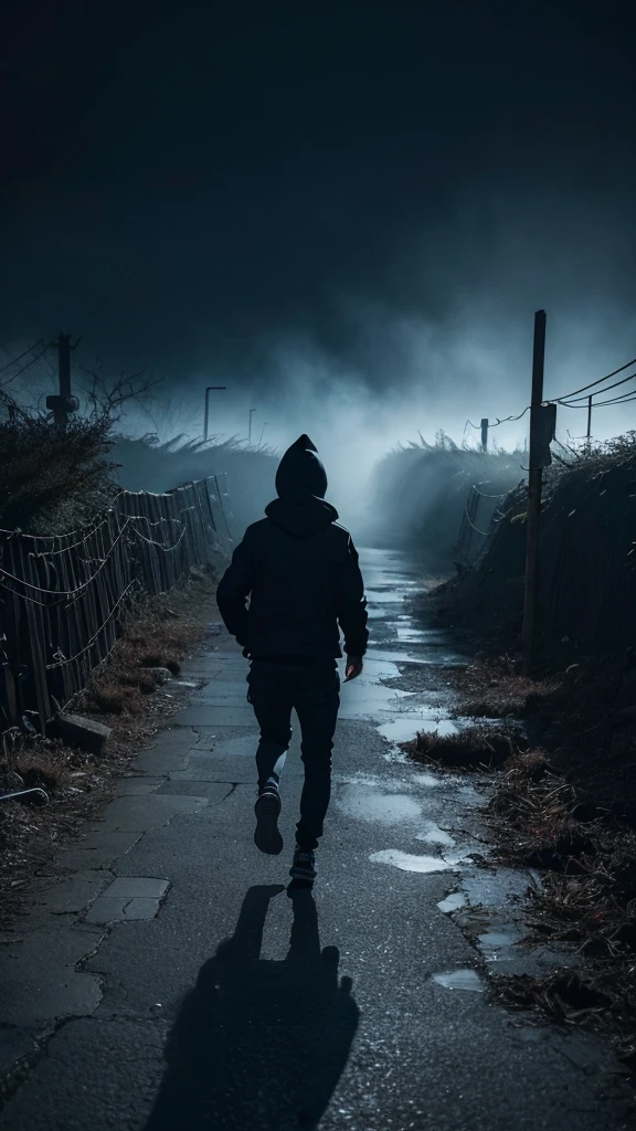 A person running in panic, looking back over their shoulder with a terrified expression. Shadows and indistinct shapes loom in the fog behind them, creating a sense of being chased by something unknown.A surreal dreamscape with twisted, nightmarish elements. A person is running on a distorted, winding path that seems to shift and change direction. Behind them, there are dark, shadowy figures that are vague and undefined, suggesting a sense of something unseen but menacing. The sky is a swirling mass of dark clouds and strange, eerie colors.A dimly lit urban alleyway at night. The scene is filled with oppressive shadows and eerie, elongated shapes that seem to move and flicker at the edge of perception. The person in the image is glancing back with wide, fearful eyes, their body language conveying urgency and dread. The overall atmosphere should feel claustrophobic and tense.An endless, fog-covered labyrinth with high, dark walls that seem to close in. The person is running through the maze, constantly looking back with an expression of terror. Behind them, there are shifting, shadowy forms that are not clearly defined, adding to the sense of an unseen threat. The labyrinth itself should have an otherworldly, surreal quality.A dreamlike landscape with abstract, swirling forms and colors. The person appears small and vulnerable in the center, running with a look of panic. The background is filled with dark, amorphous shapes that suggest movement and pursuit, without being explicitly defined. The colors and shapes should evoke a sense of fear and urgency.