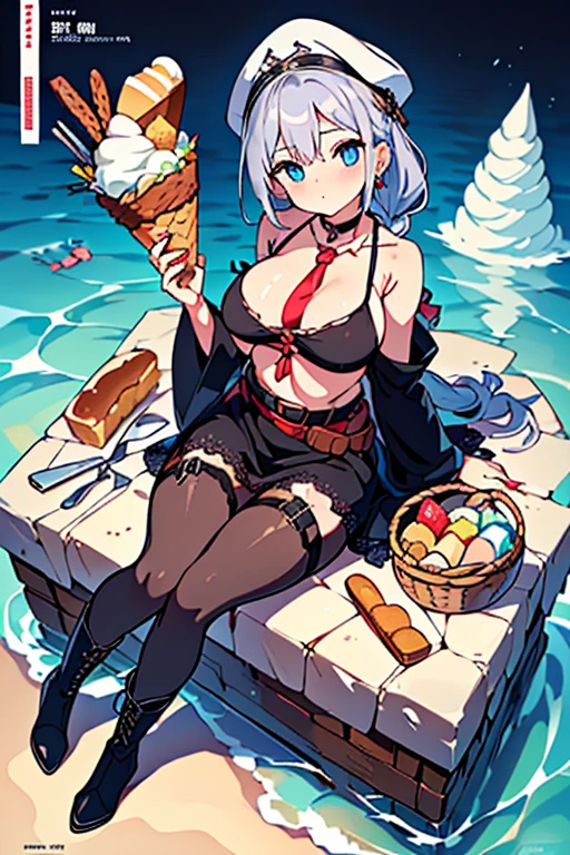 (perky chest:1.2), (pointed chest:1.2),(icecream magazine cover:1.3),(from above:1.2),(shoot from the side:1.1),(((Black Tunic:1.3))),(((cakes and bread in the basket),a 23yo Cute and beautiful girl,masterpiece、highest quality、Very detailed、Beautiful fine details、Detailed landscape、Braided Ponytail、Red camisole、((B cup breasts, Tank top showing underboob:1.0)), thigh strap, bangs, necktie, earrings, nail polish, fishnet pantyhose, silver hair, looking at viewer, full body, bottle, own hands together, belt, food, ring, choker, english text paper:1.2, collared shirt, blue eyes, hat,lace-up boots ,