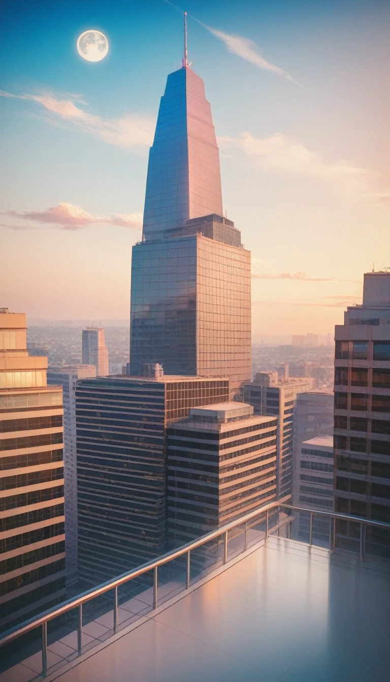 Create realistic 3D trick-art images of cityscape buildings that seem to stretch endlessly into the sky。, Use forced perspective. The buildings need to be very detailed., It has complex architectural features、It is surrounded by other urban structures. The scene should be vivid and colorful., Clear blue sky with a few clouds. The overall atmosphere should be lively and bustling., Capture the atmosphere of a bustling city.night、neon、The moon floats_