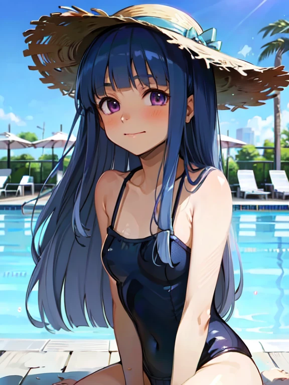 furude rika, Blue Hair, Purple eyes, Long Hair, blunt bangs, bangs, ((Pool Party)), One-piece swimsuit, Straw hat, Luxurious pool, Infinity Pool, Skyscraper Background, gorgeous, Celebrity style, Gold Accessories, Chic outfit, Cocktail, 