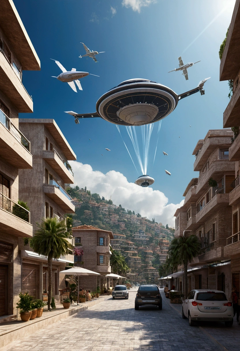 Spacecraft flying in the sky over Alanya district of Antalya, walking on the streets in 2050