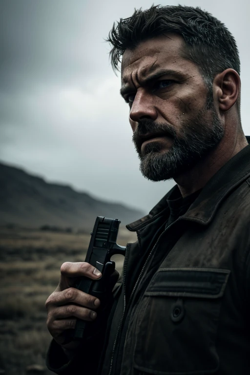 a battle-hardened ex-soldier with grey hair and a beard, rugged, weathered face, battle-scarred, wandering drifter, detailed highly realistic portrait, dramatic lighting, cinematic composition, moody atmosphere, (best quality,4k,8k,highres,masterpiece:1.2),ultra-detailed,(realistic,photorealistic,photo-realistic:1.37),cinematic,dramatic,gritty,moody,dark,brooding,intense,haunting,close protection operative,hard jobs,realistic,photorealistic,highly detailed,cinematic,dramatic,moody,gritty, he holds his favourite weapon a Glock 17