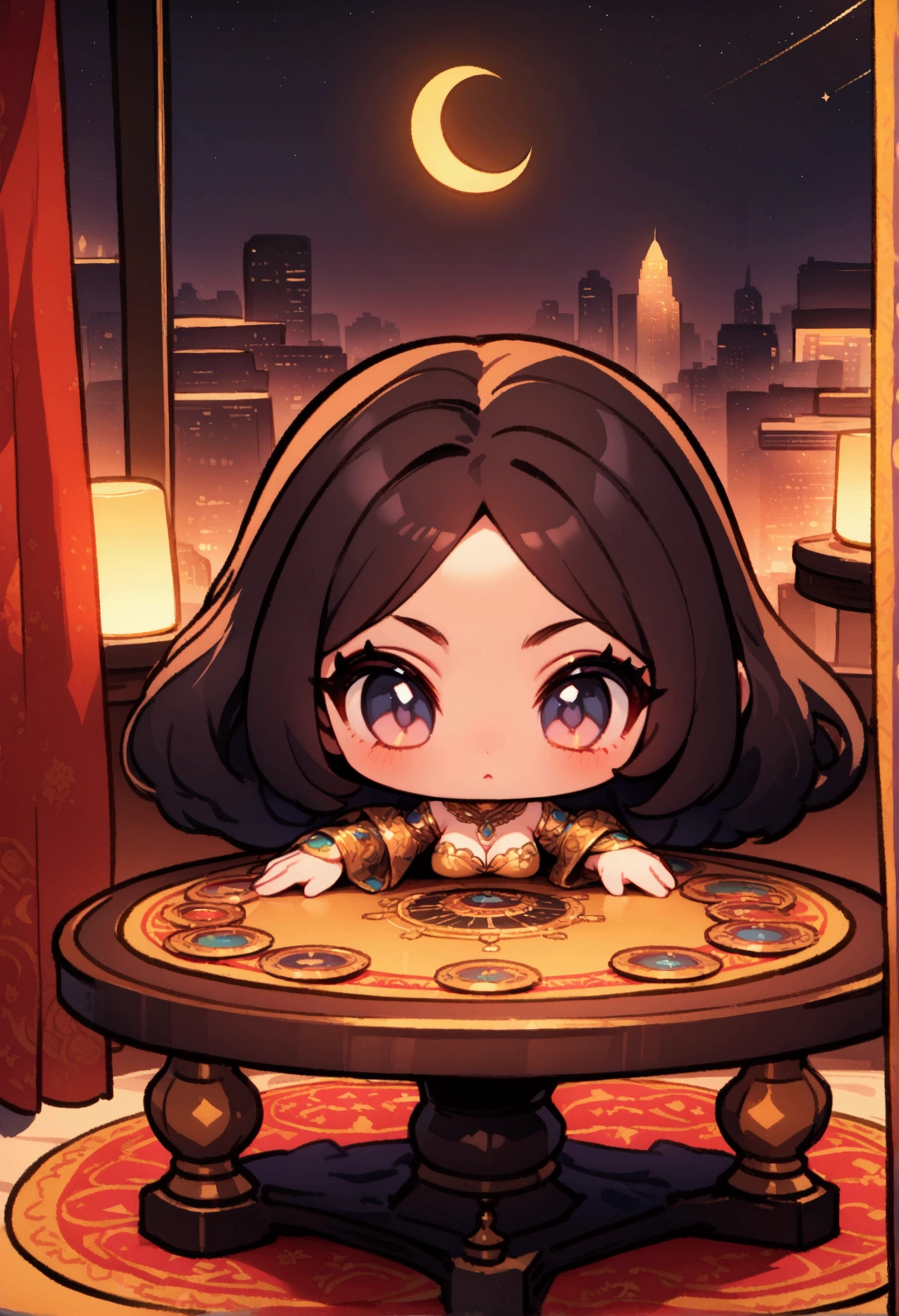 chibi style, best quality, masterpiece, 8K, HD, persian woman, wavy dark hair, sitting behind a round table, luxurious astrology print tablecloth, tarot cards on the table, metropolitan city in the background, crescent moon in the sky, sheer curtains behind her, front view, zoomed out, vibrant colors, highly detailed