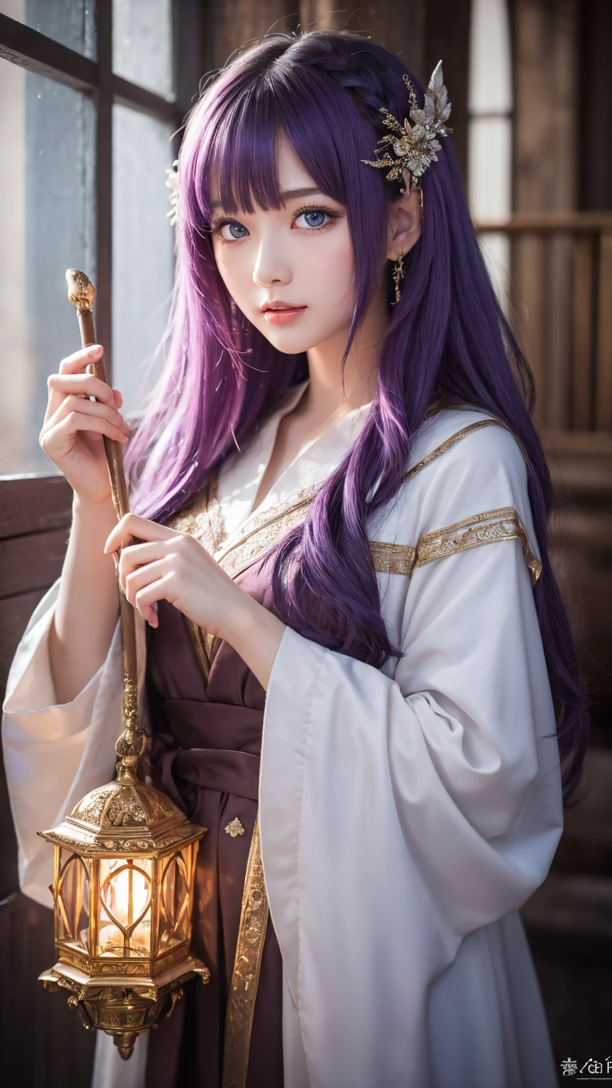 ((masterpiece)), ((best quality)), (ultra-detailed), ((kawaii)), cute, (lovely), ((extremely detailed)), 4K, (8K), best quality, (beautiful), illustration, noble, a cute girl, solo, sorceress, majestic, robes, mystical, aura, magical staff, beautiful purple hair, beautiful blue eyes, intricate, carvings, ethereal, light, sacred, environment, power, wisdom, ancient temple,