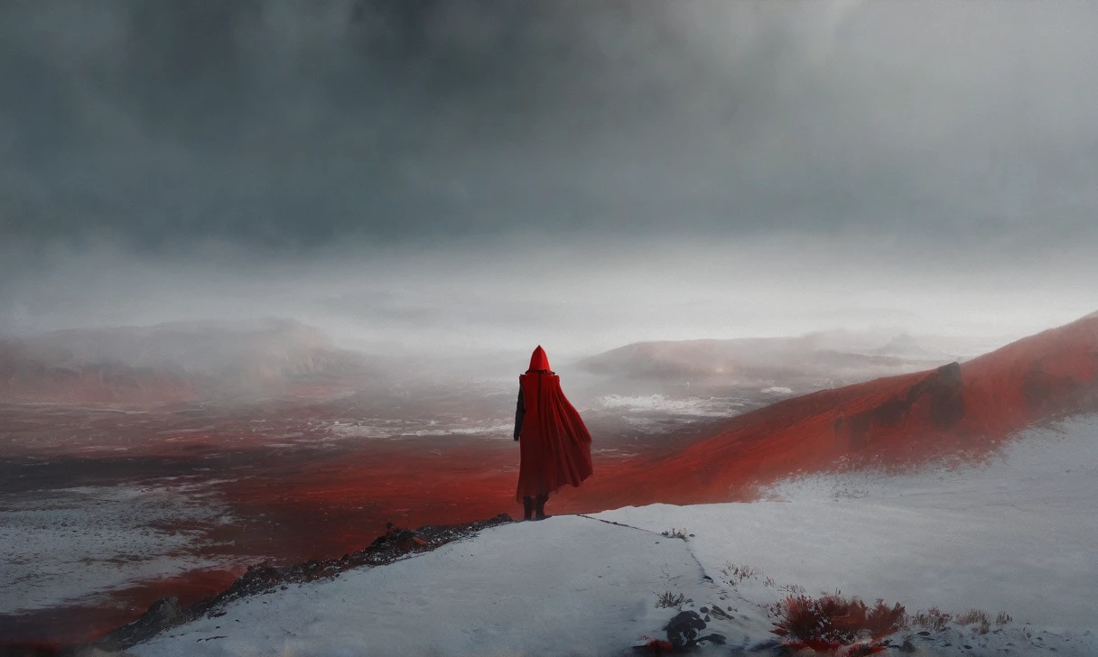 at the forefront there is a young woman with flowing red robes standing on the edge, facing the viewer, directly looking at the camera, full body shot from high angle, cinematic painting, sharp mountains with epic clouds ,fog, mist, (masterpiece, best quality),ultra-detailed, add-detail-xl, 