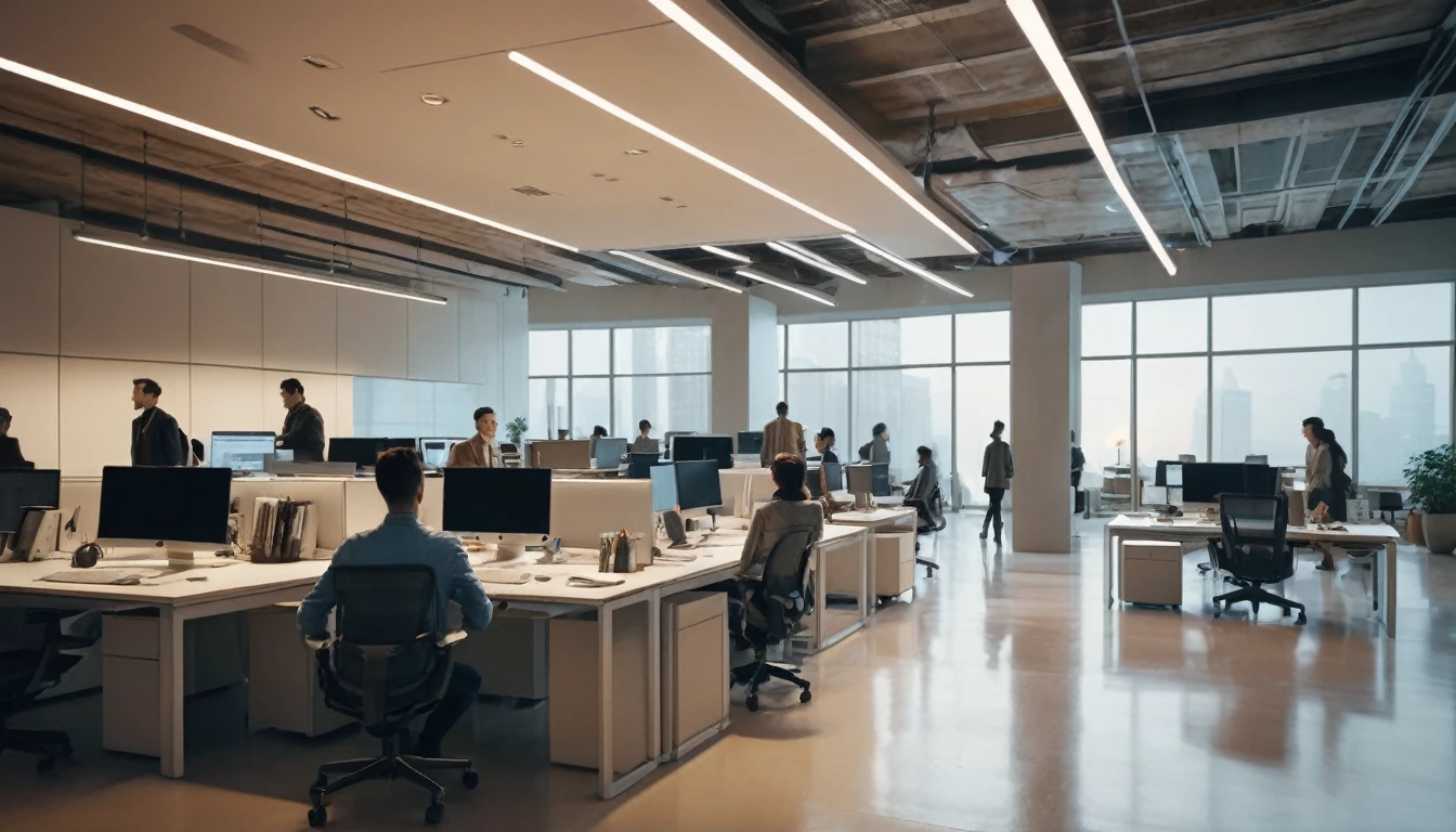 masterpiece, high quality image, people walking, people working in the background, person sitting in front of a computer, programming, office, wide shot, 8k, realistic, dynamic composition, detailed architecture, warm lighting, cinematic atmosphere, subtle color palette, clean lines, productive environment