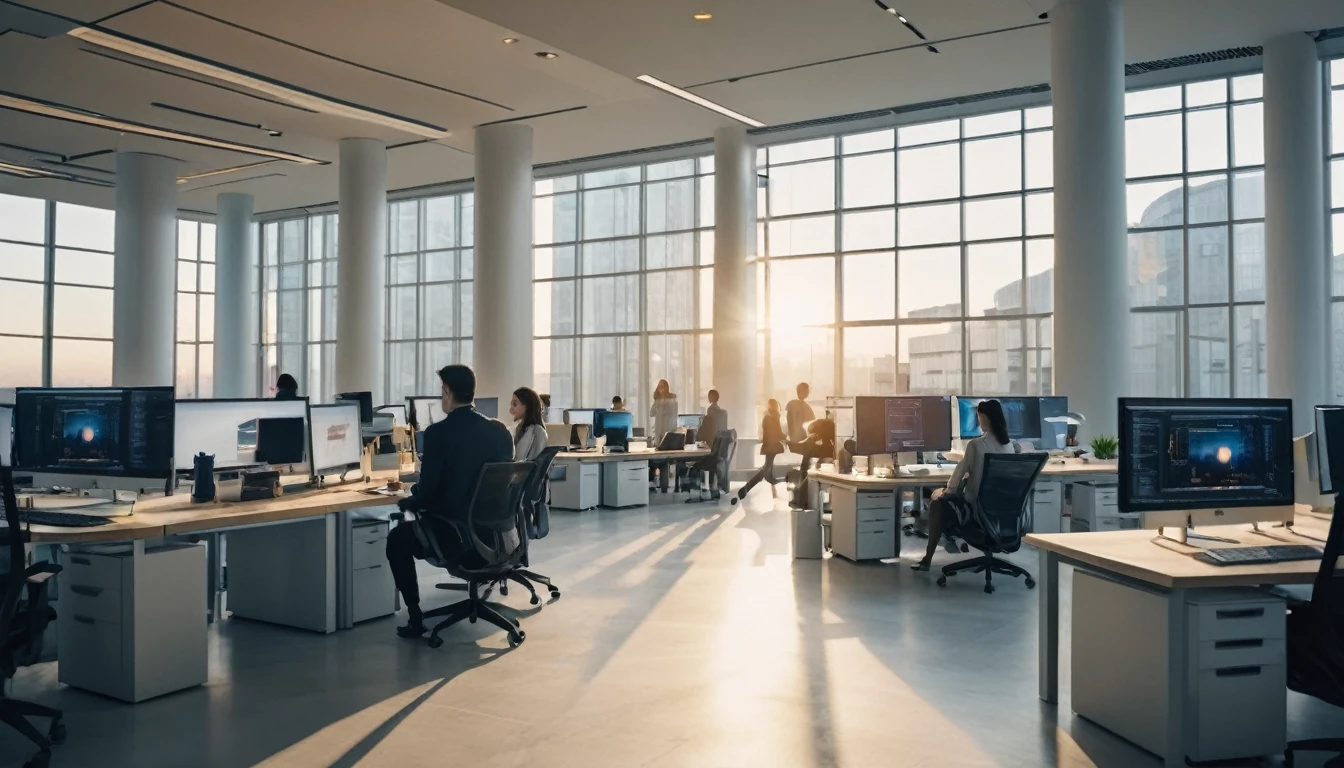 masterpiece, high quality image, people walking, people working in the background, person sitting in front of a computer, programming, office, wide shot, 8k, realistic, dynamic composition, detailed architecture, warm lighting, cinematic atmosphere, subtle color palette, clean lines, productive environment