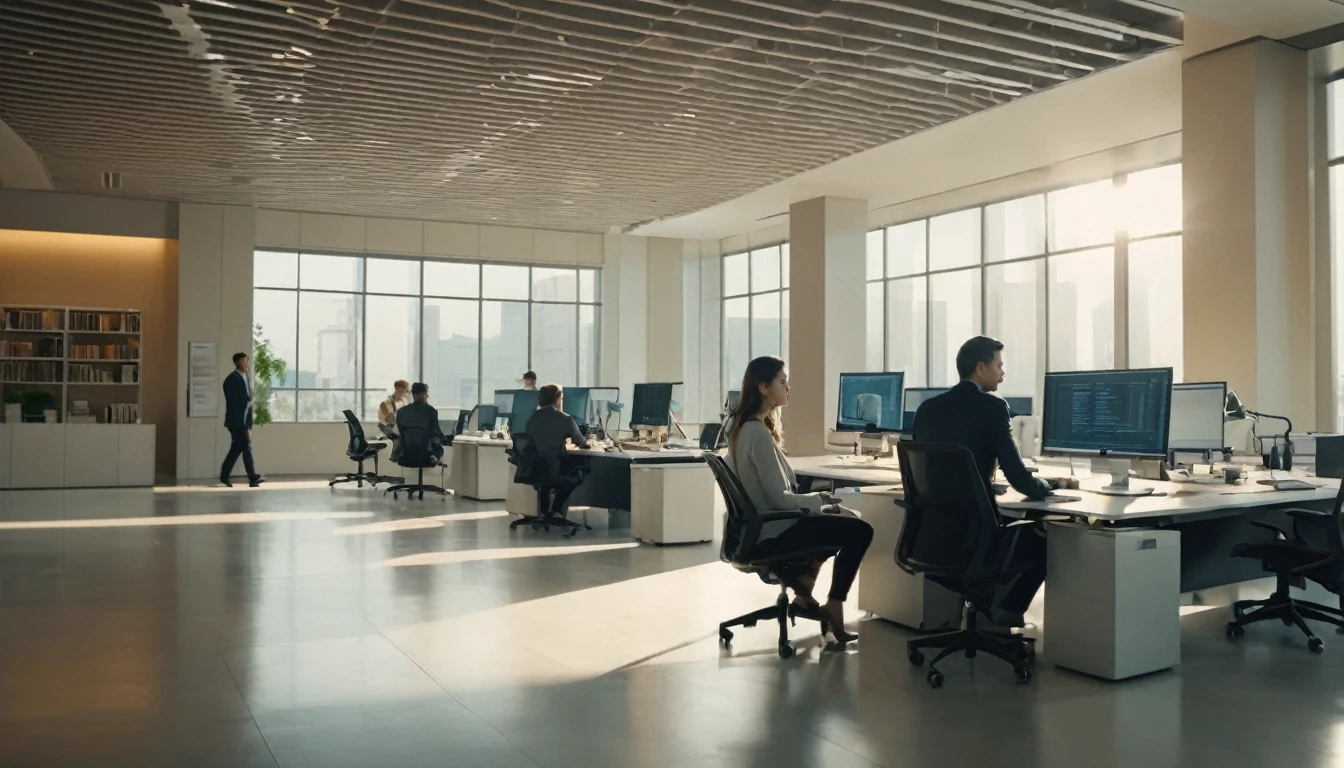 masterpiece, high quality image, people walking, people working in the background, person sitting in front of a computer, programming, office, wide shot, 8k, realistic, dynamic composition, detailed architecture, warm lighting, cinematic atmosphere, subtle color palette, clean lines, productive environment