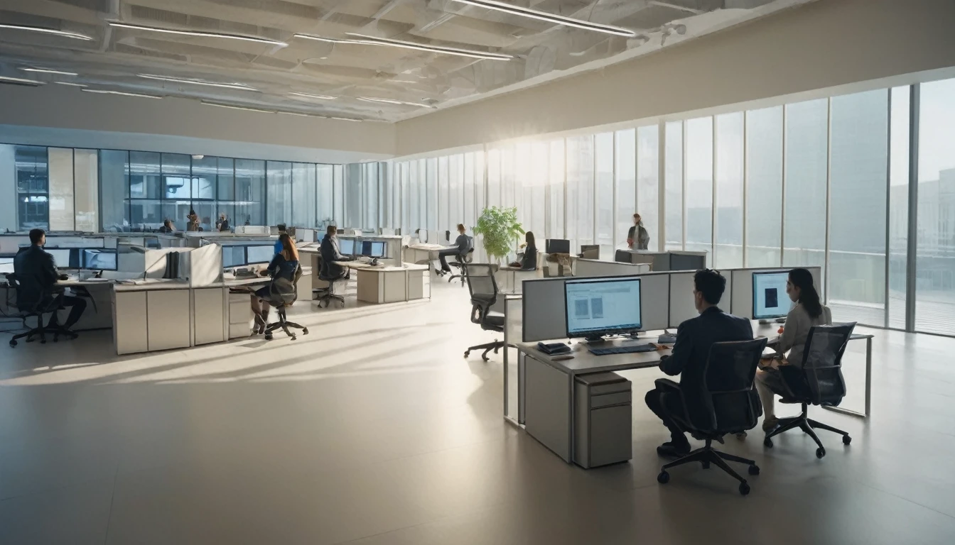 masterpiece, high quality image, people walking, people working in the background, person sitting in front of a computer, programming, office, wide shot, 8k, realistic, dynamic composition, detailed architecture, warm lighting, cinematic atmosphere, subtle color palette, clean lines, productive environment