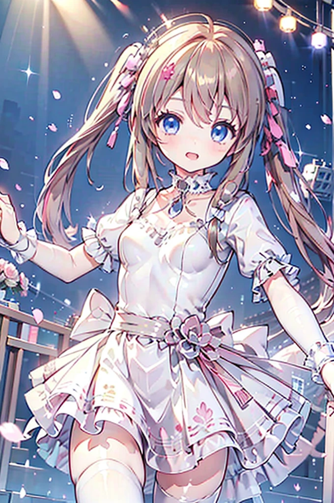 Solo girl, brown twin tails, braid hairs, blue eyes, princess dress, posing, anime girl, focus on hair, idol, dancing at the stage, singing