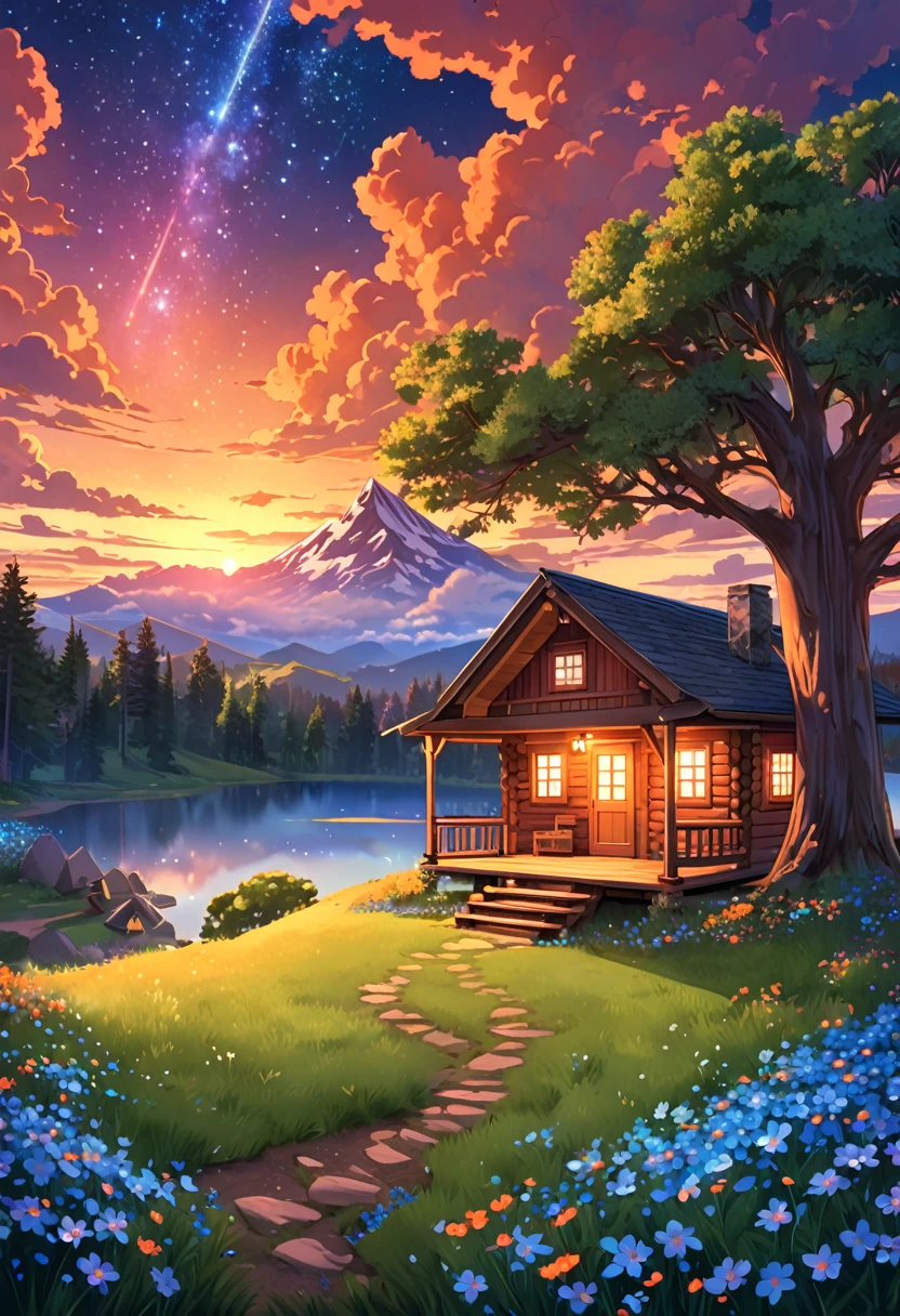 Digital illustration featuring a serene and enchanting landscape at sunset. The layout is vertical, with a large, majestic tree dominating the center of the image. The tree has a swing hanging from one of its branches and is situated next to a small, cozy wooden cabin with warm, glowing lights emanating from its windows. The sky is filled with vibrant, colorful clouds in shades of orange, pink, and purple, with stars beginning to appear as night approaches. A lone figure stands near the cabin, gazing at the sky, adding a sense of wonder and tranquility to the scene. The ground is covered in lush green grass and small blue flowers, enhancing the idyllic atmosphere. Red cloud stars cloud