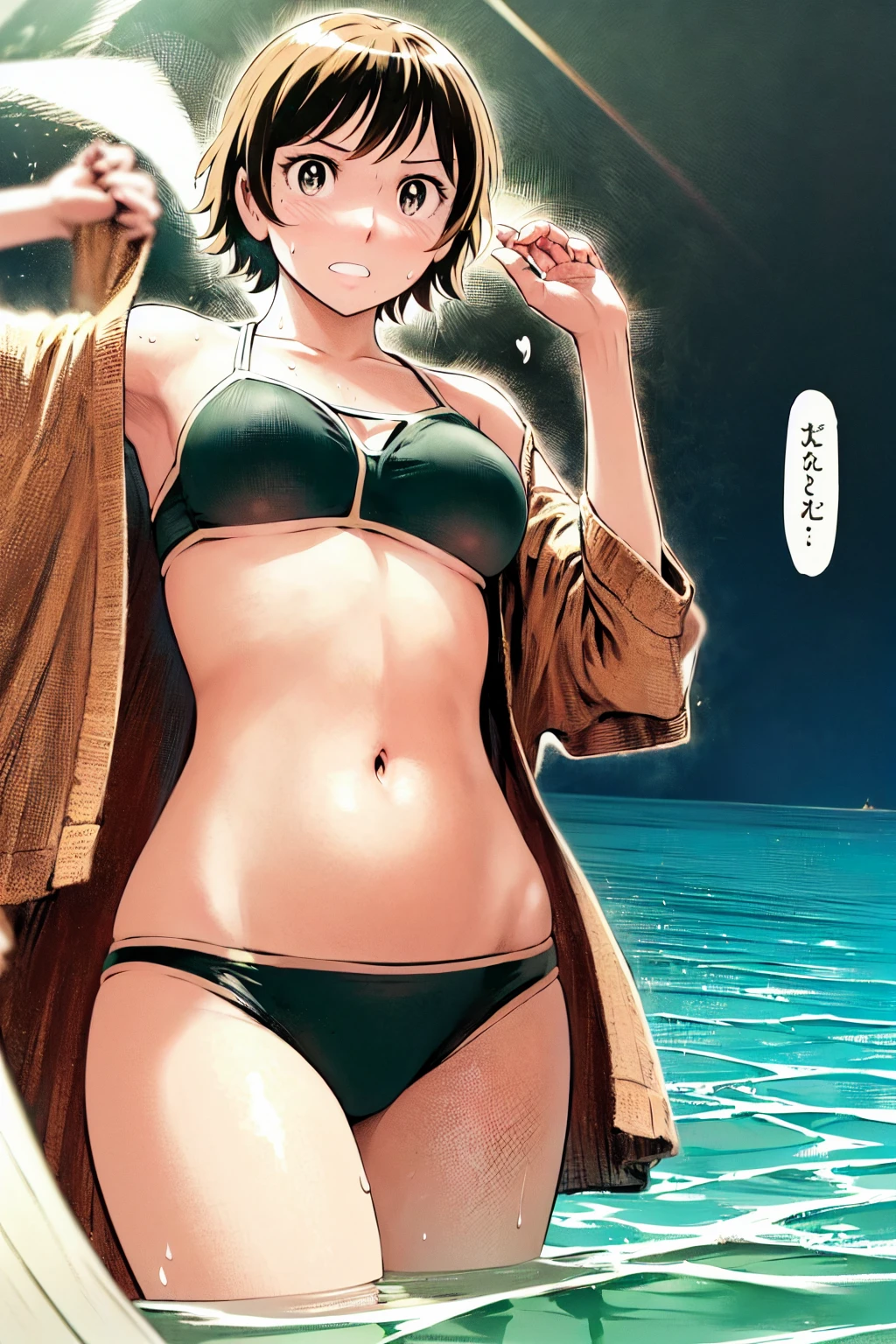 、(masterpiece、Highest quality)、Highest quality, Ultra-high resolution, (((masterpiece))), alone, Sweat、Big eyes, Composition from the front、Shortcuts、Embarrassed face、Bronze colored hair、Cut your hair short、Ocean、beach、Black Micro Bikini、belly button、short hair、(Bronze colored hair)
