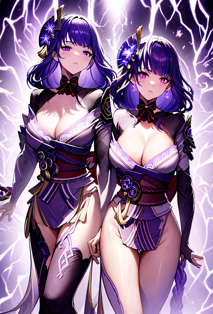 masterpiece, high-quality, 8k resolution, solo, 1 woman, dark violet hair, beauty mark, body suit, kanzashi, lavender kimono, tomoe decorations, obi, cleavage, big breast, purple eyes, Genshin Impact Raiden Shogun, Ei