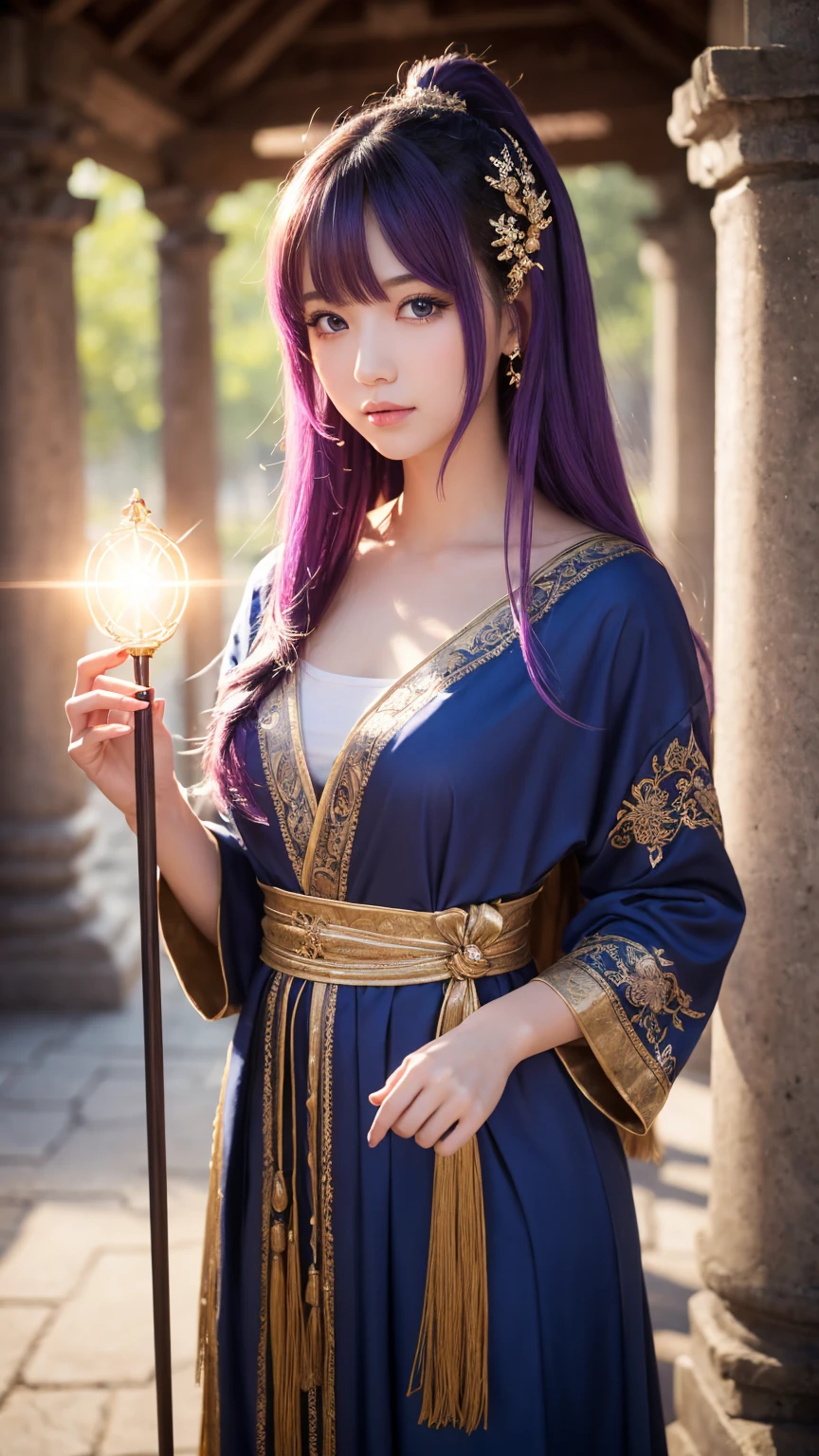((masterpiece)), ((best quality)), (ultra-detailed), ((kawaii)), cute, (lovely), ((extremely detailed)), 4K, (8K), best quality, (beautiful), illustration, noble, a cute girl, solo, japanese, sorceress, majestic, robes, mystical, aura, magical staff, beautiful purple hair, beautiful blue eyes, intricate, carvings, ethereal, light, sacred, environment, power, wisdom, ancient temple, 