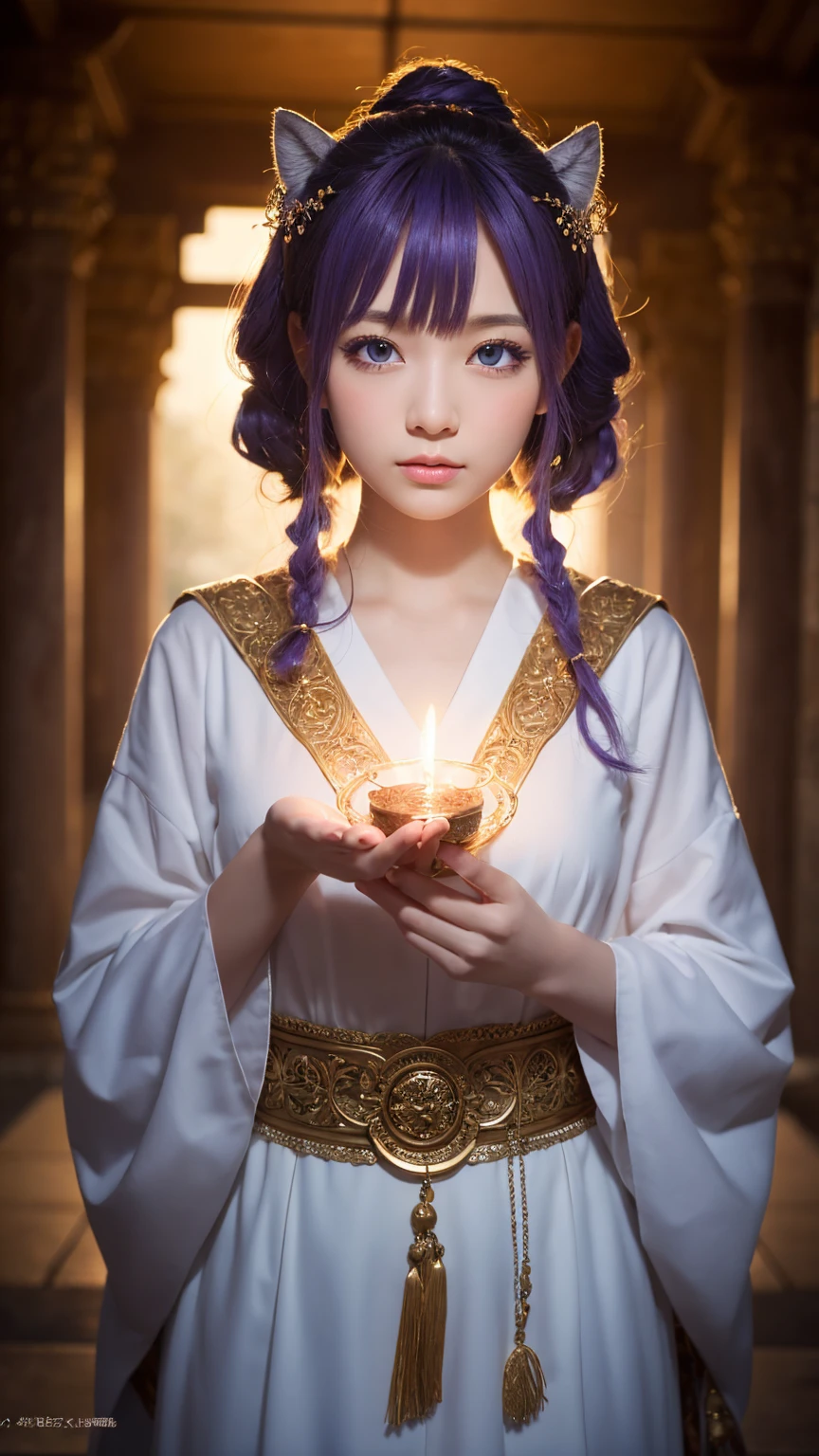 ((masterpiece)), ((best quality)), (ultra-detailed), ((kawaii)), cute, (lovely), ((extremely detailed)), 4K, (8K), best quality, (beautiful), illustration, noble, a cute girl, solo, japanese, sorceress, majestic, robes, mystical, aura, magical staff, beautiful purple hair, beautiful blue eyes, intricate, carvings, ethereal, light, sacred, environment, power, wisdom, ancient temple,