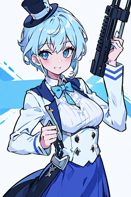 Crossdresser　Light blue hair　Holding a gun in each hand　Grin　White Top Hat　White suit　short hair
