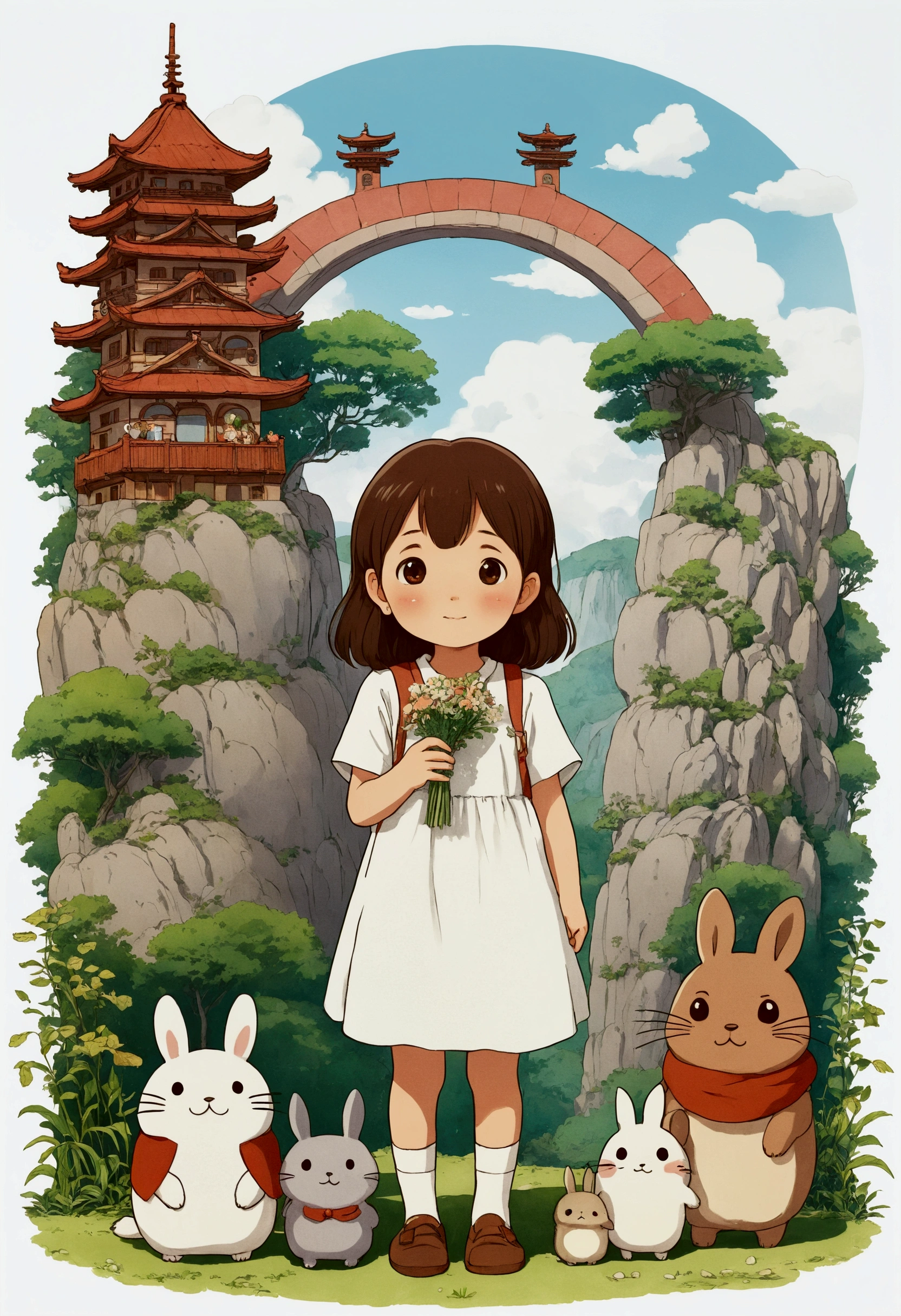 Cute memories、Ghibli Style　Simple illustration style、kawaii、Tiny Girl、single、Draw characters